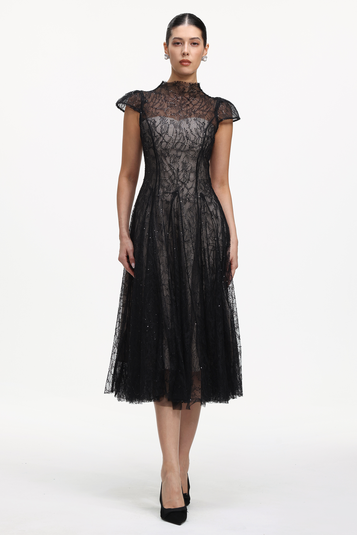 Vanina Elegant Flowy Sequin Lace Maxi Dress