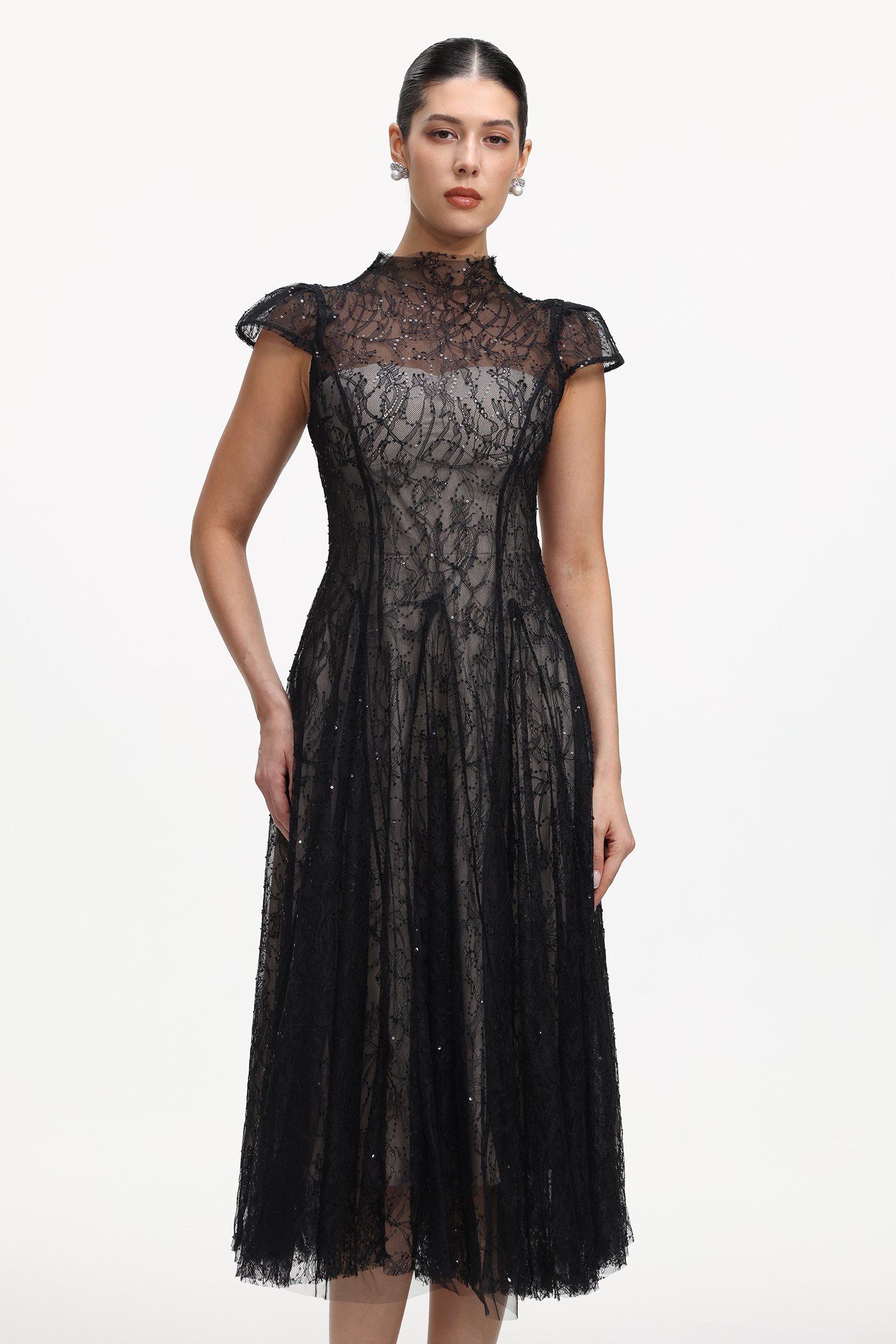 Vanina Elegant Flowy Sequin Lace Maxi Dress