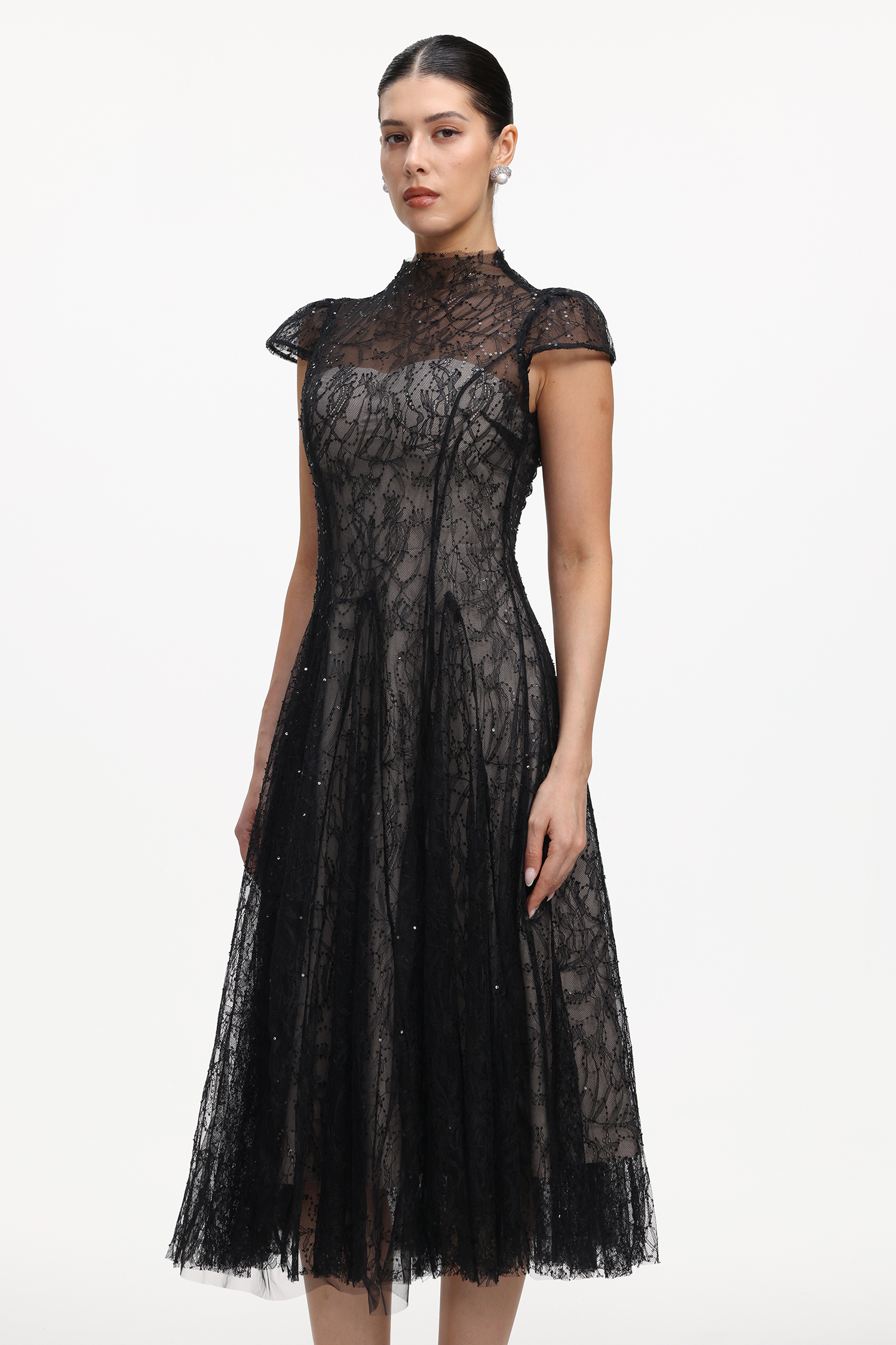 Vanina Elegant Flowy Sequin Lace Maxi Dress