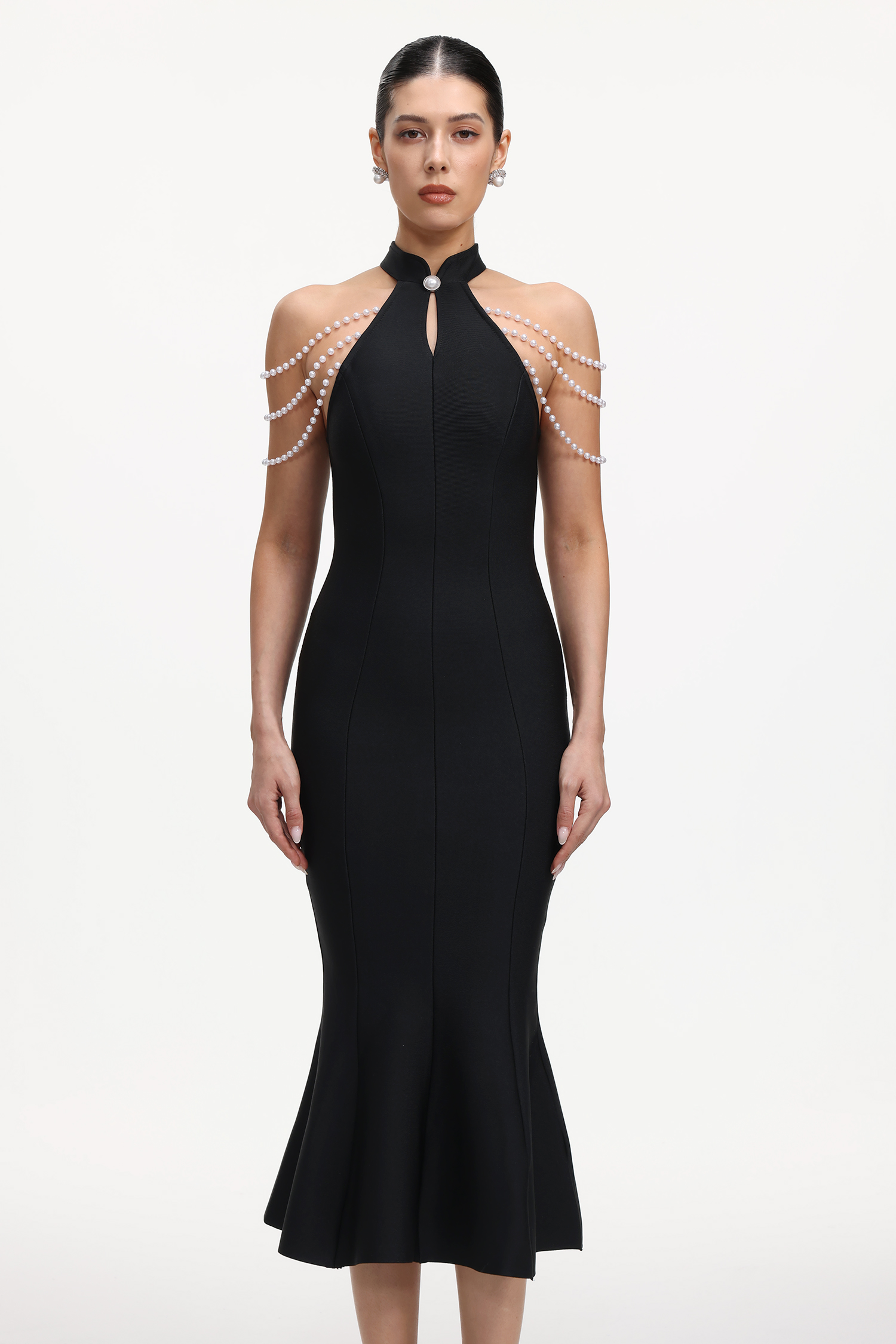 Joclyn Elegant Contour Sleeveless Pearl Chain Fish Tail Bandage Maxi Dress