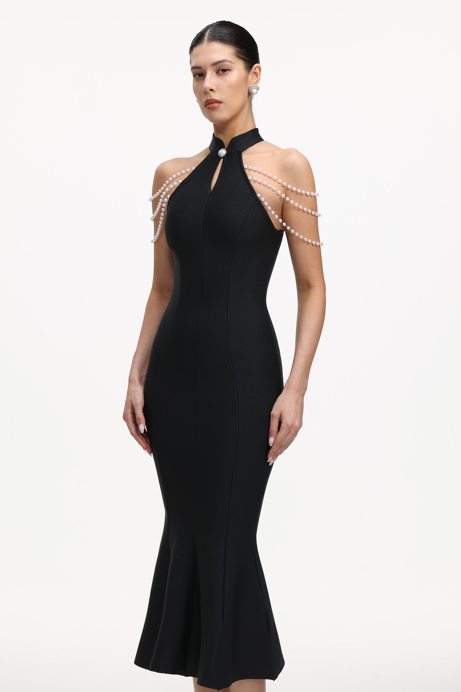 Joclyn Elegant Contour Sleeveless Pearl Chain Fish Tail Bandage Maxi Dress