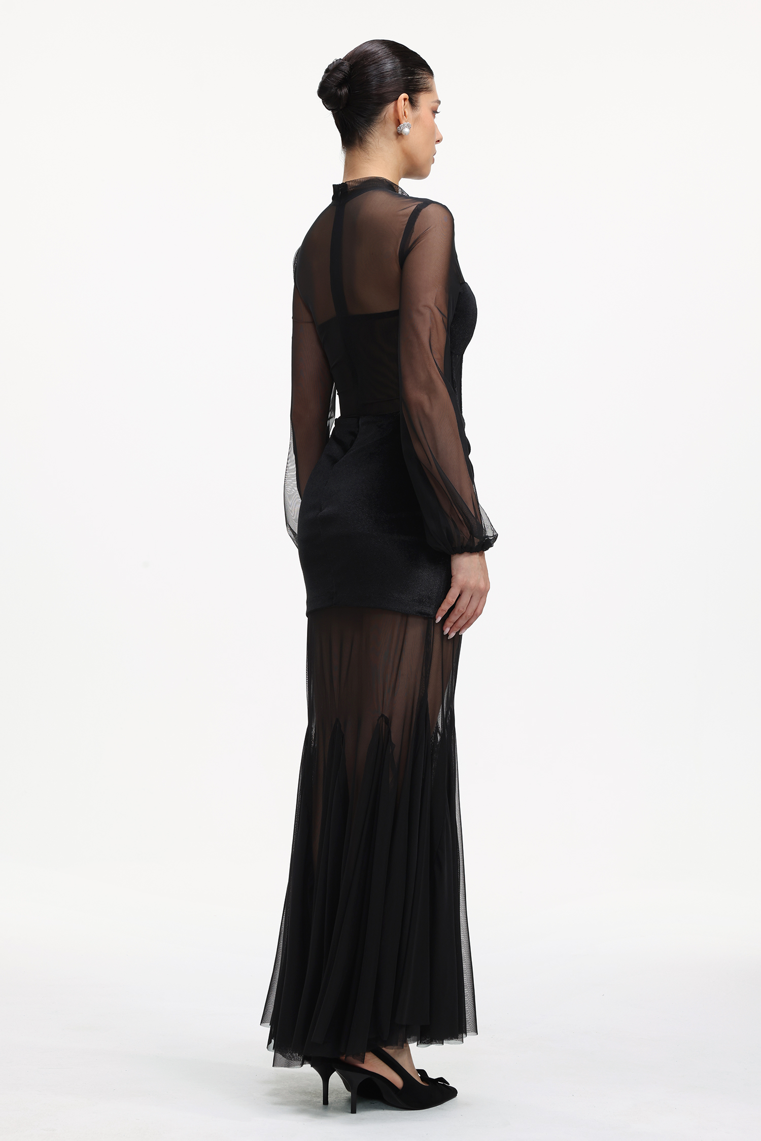 Molia Sexy Contour Long Sleeve Velvet Mesh Maxi Dress