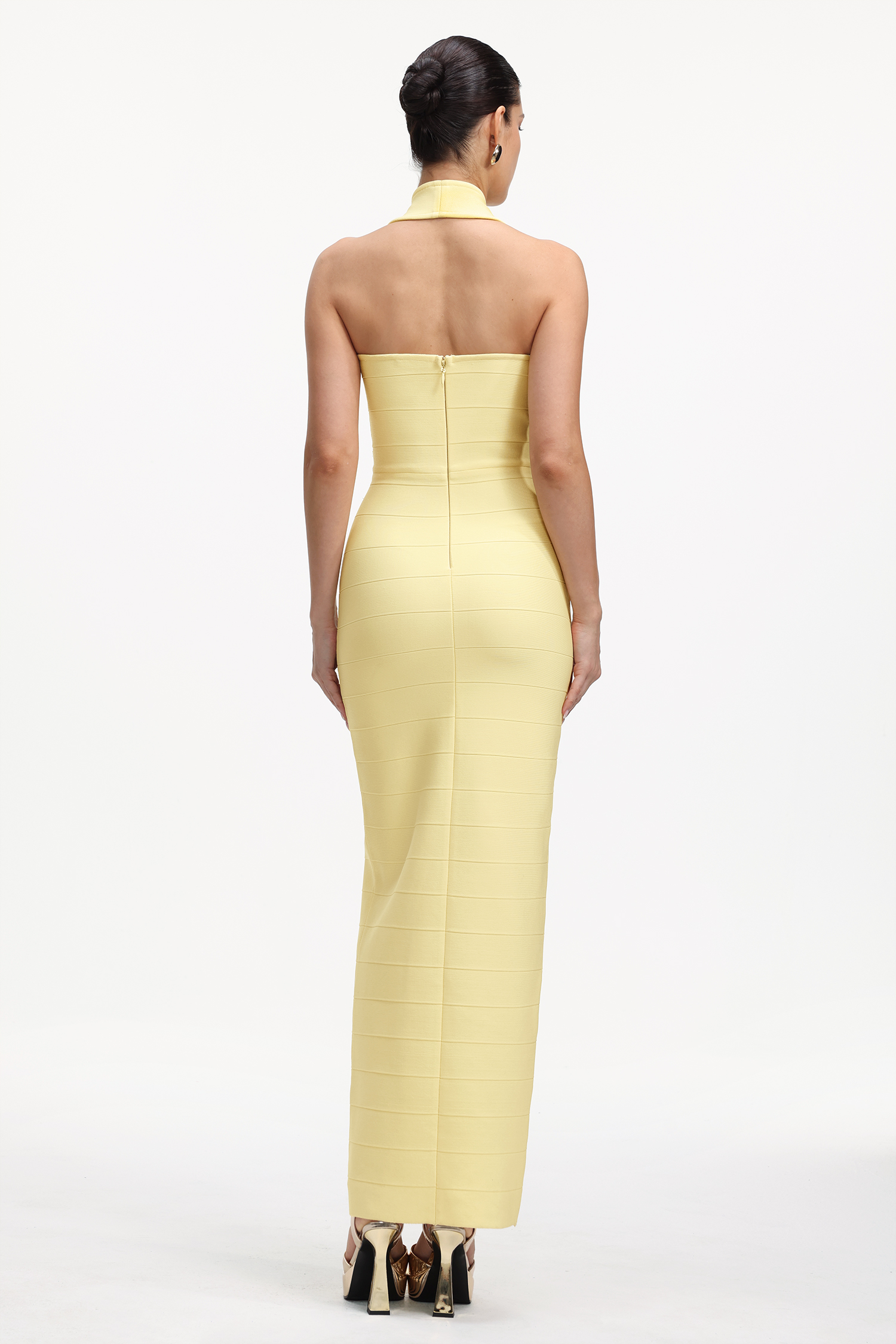 Lanla Chic Contour Halter Metal Buckle Bandage Maxi Dress