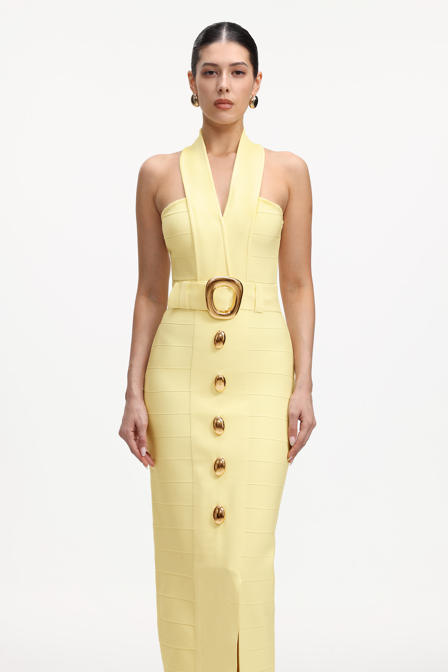 Lanla Chic Contour Halter Metal Buckle Bandage Maxi Dress