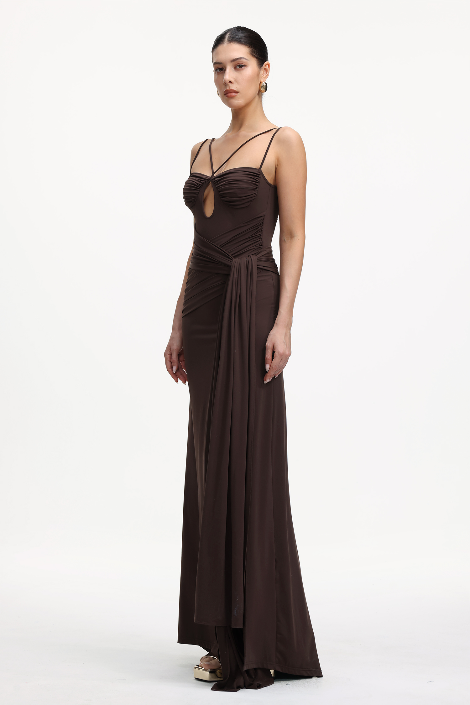Ruthie Elegant Contour Sleeveless Cut Out Ruched Knit Maxi Dress