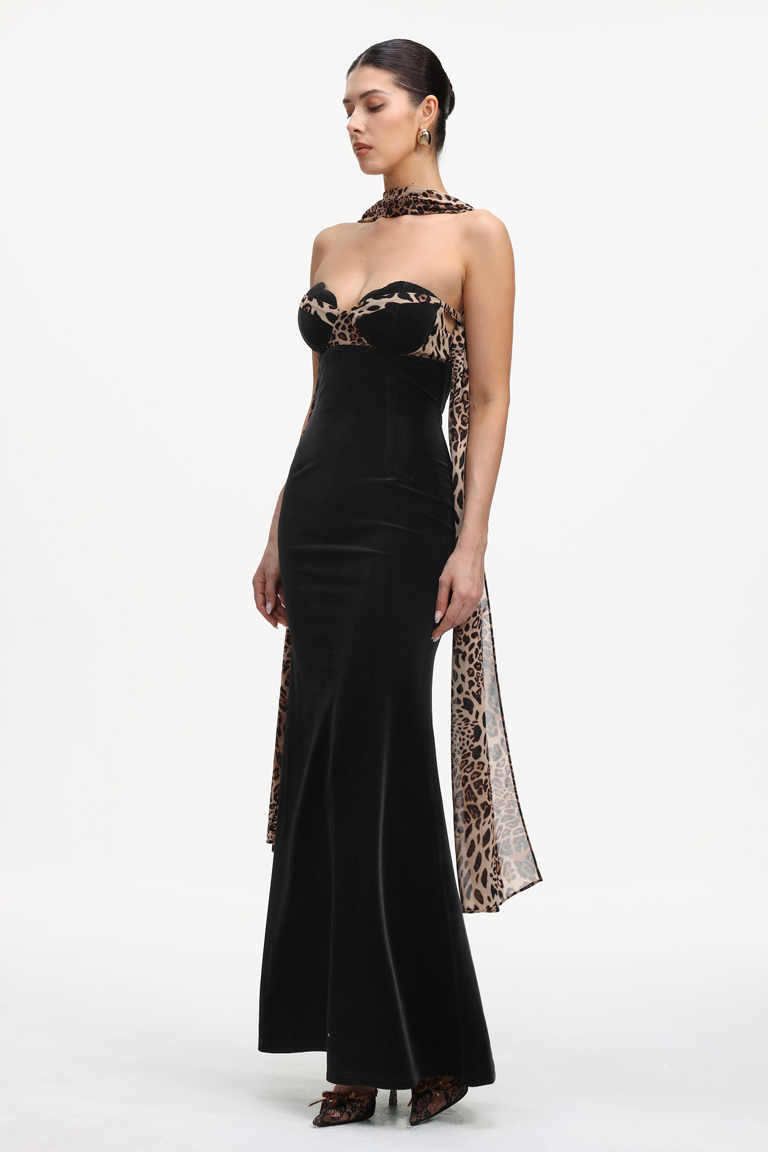 Kijin Chic Contour Strapless Leopard Print Velvet Maxi Dress
