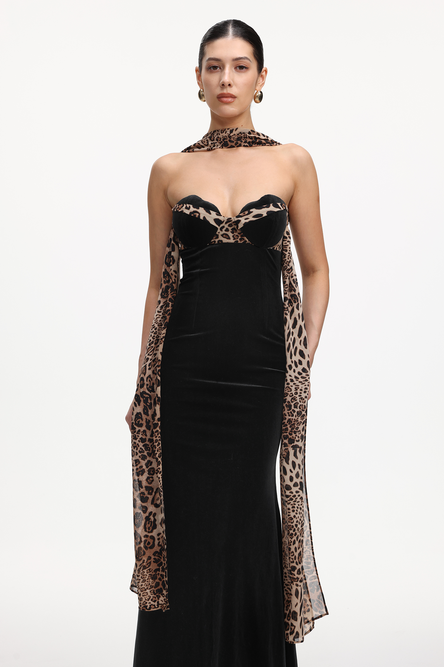 Kijin Chic Contour Strapless Leopard Print Velvet Maxi Dress