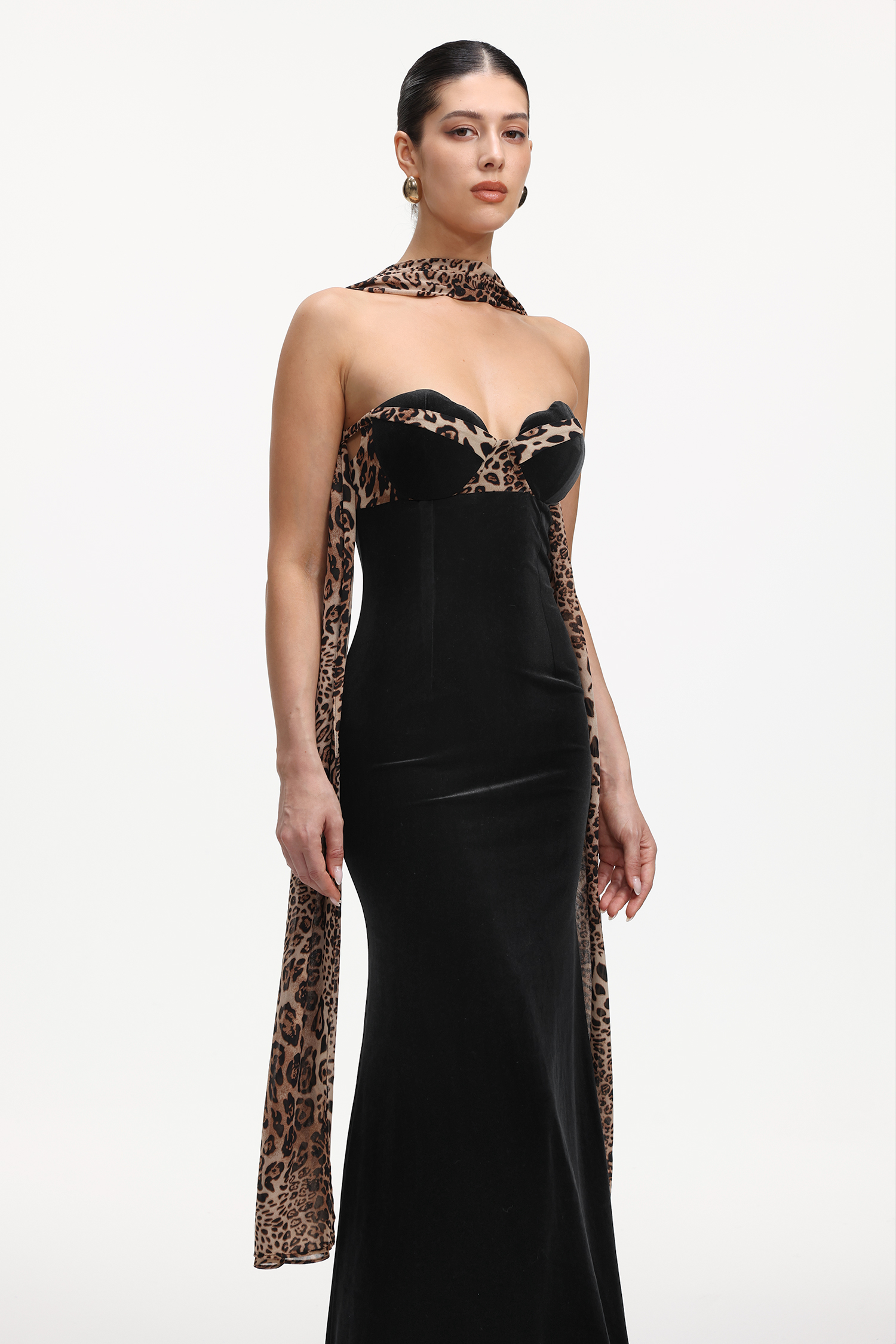 Kijin Chic Contour Strapless Leopard Print Velvet Maxi Dress