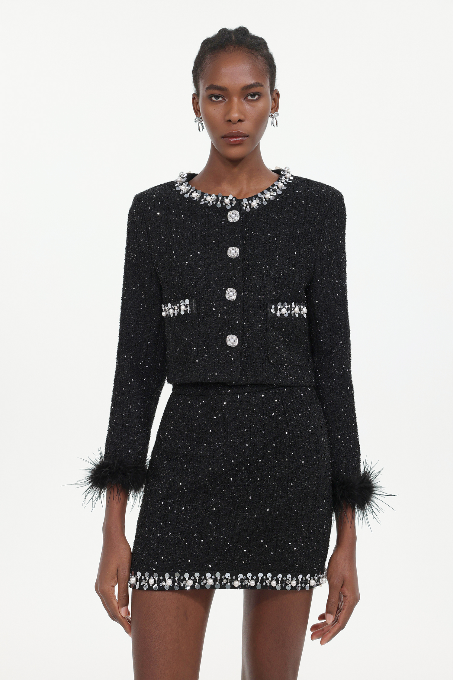 Halasa Classic Tailored Round Neck Long Sleeve Sequin Rhinestone Fluffy Woven Top And Skirt Two-Piece Set