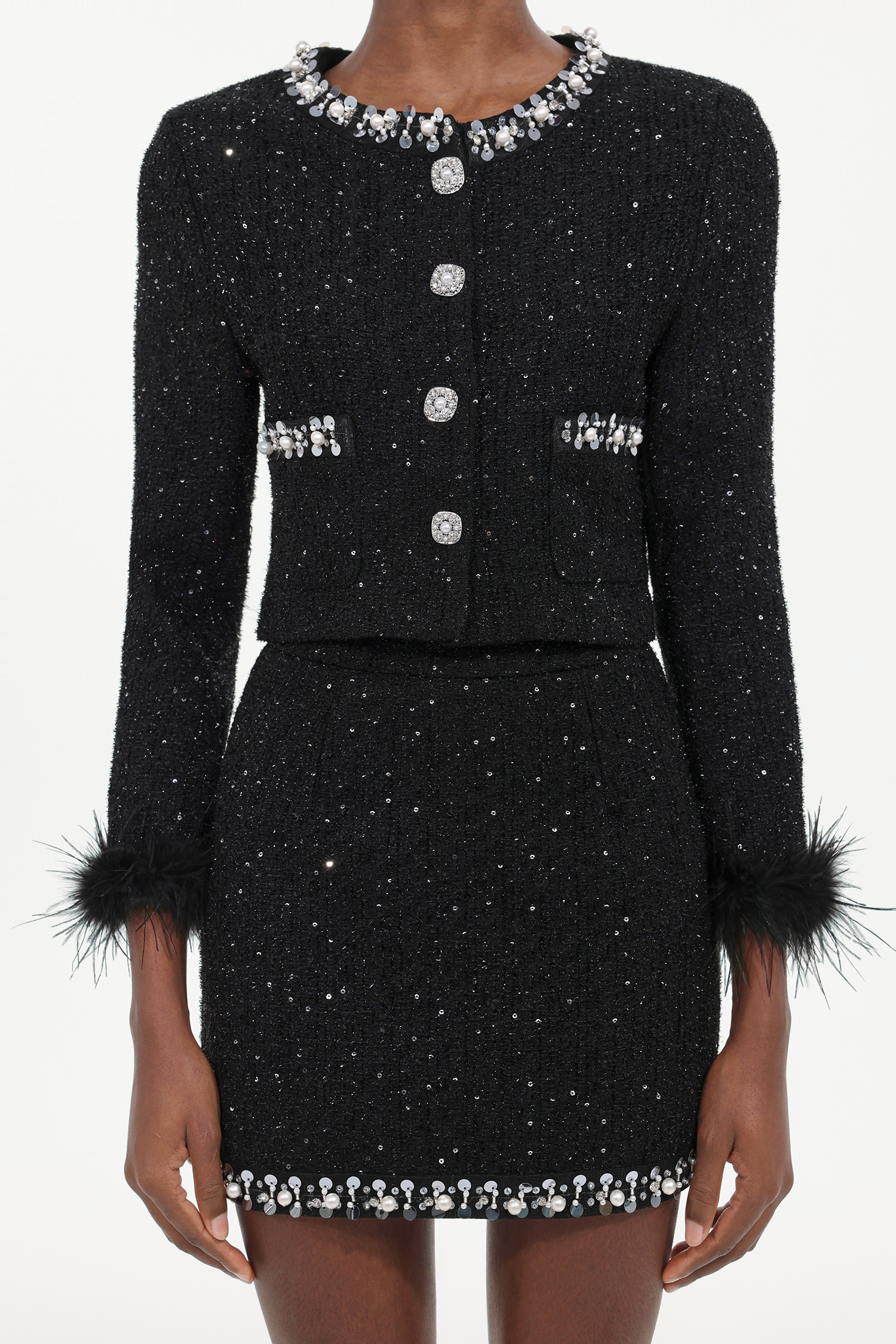 Halasa Classic Tailored Round Neck Long Sleeve Sequin Rhinestone Fluffy Woven Top And Skirt Two-Piece Set