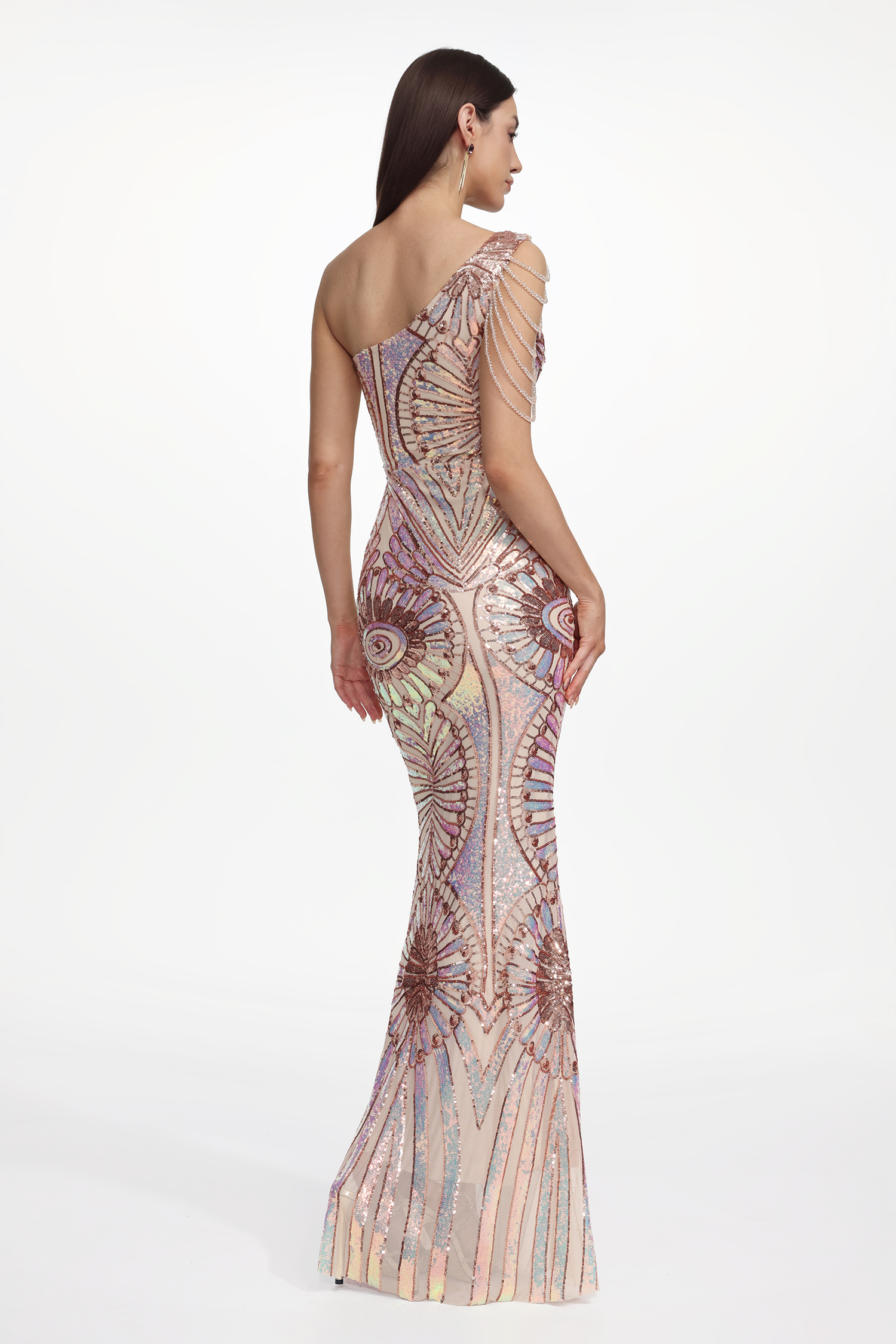 Mailik Elegant Contour One Shoulder Bead Chain Sequin Pattern Maxi Dress