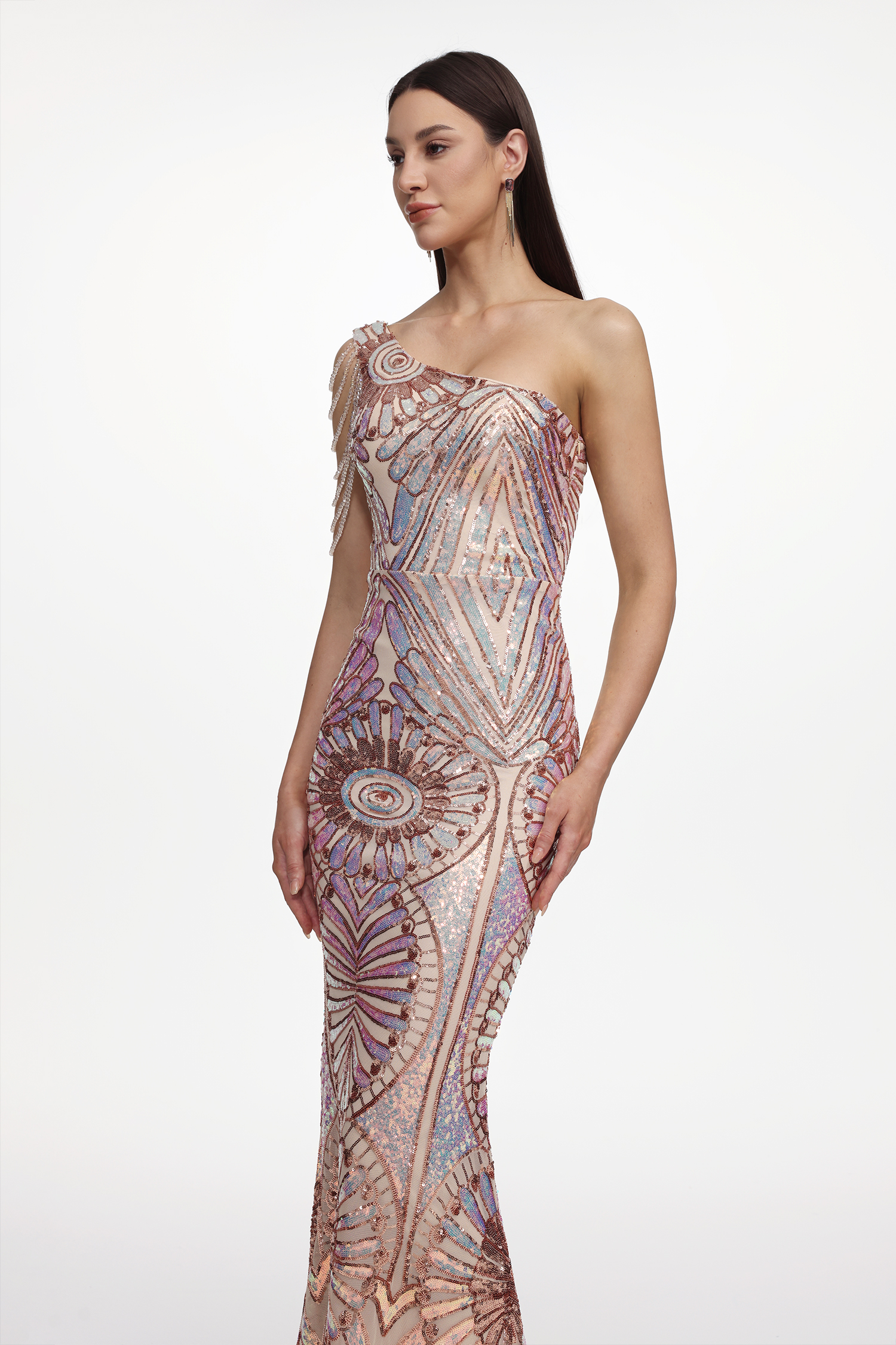 Mailik Elegant Contour One Shoulder Bead Chain Sequin Pattern Maxi Dress