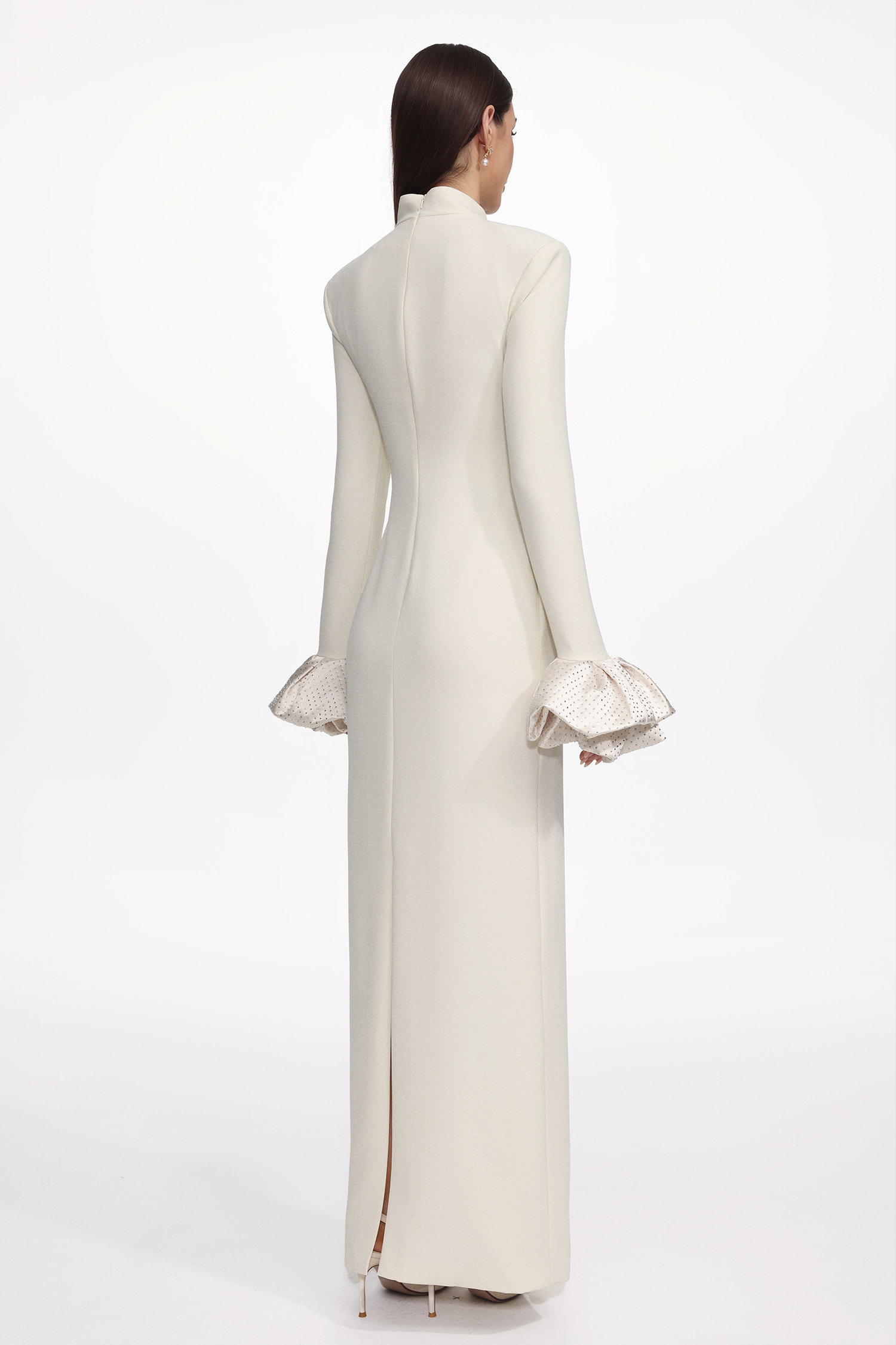 Ziriy Chic Tailored Long Sleeve Puff Detail Woven Beige Maxi Dress