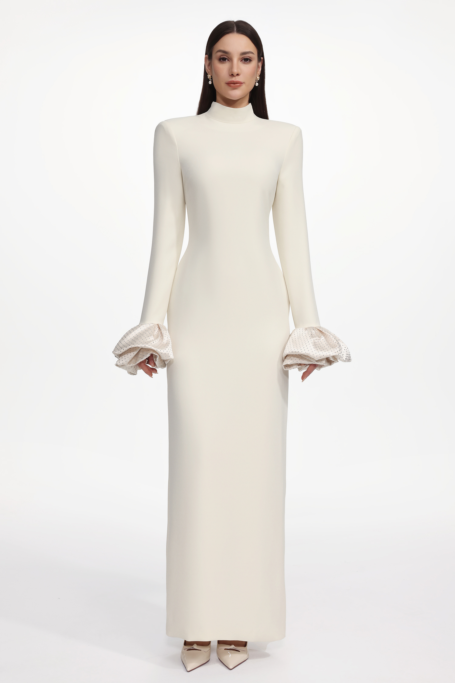 Ziriy Chic Tailored Long Sleeve Puff Detail Woven Beige Maxi Dress