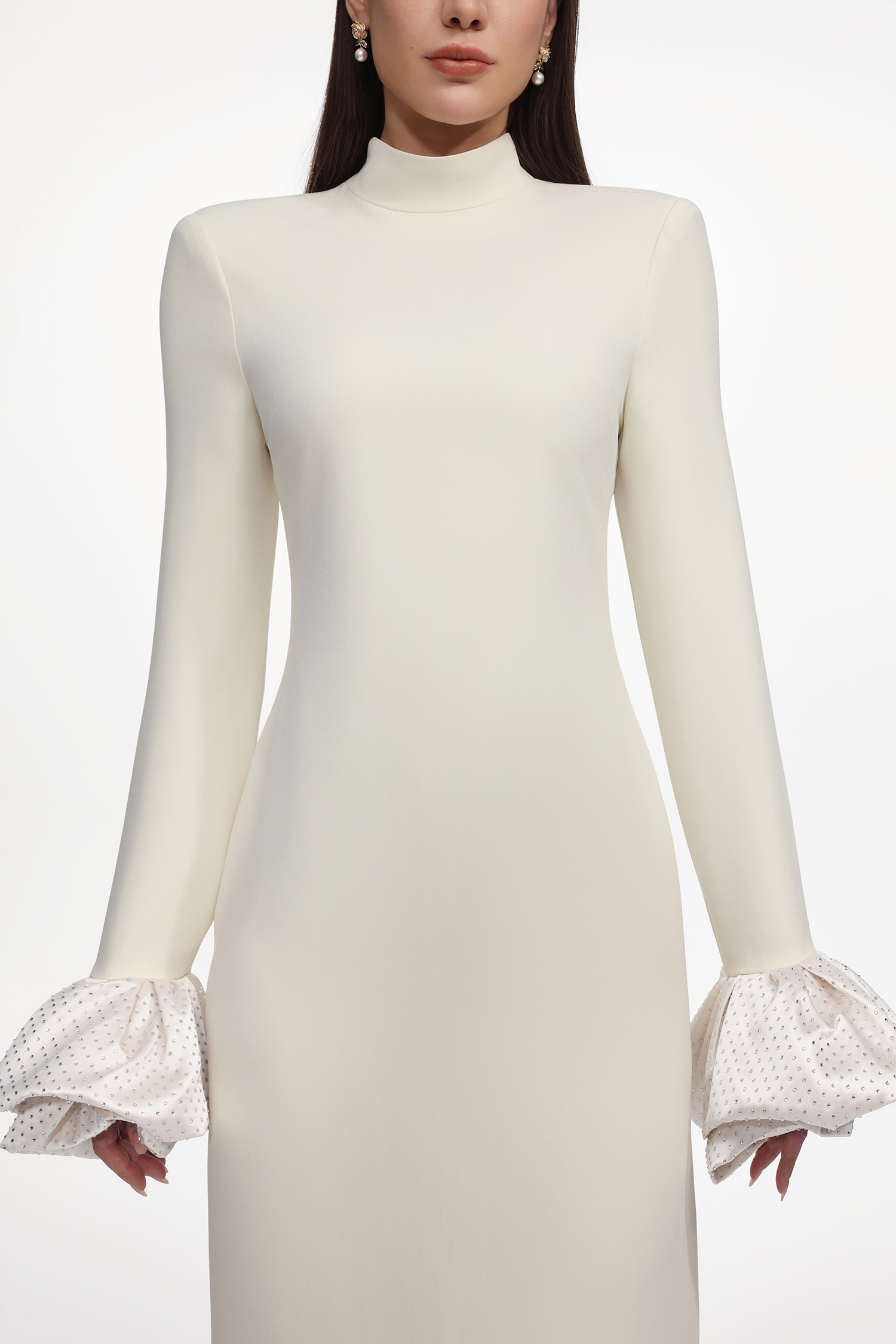 Ziriy Chic Tailored Long Sleeve Puff Detail Woven Beige Maxi Dress