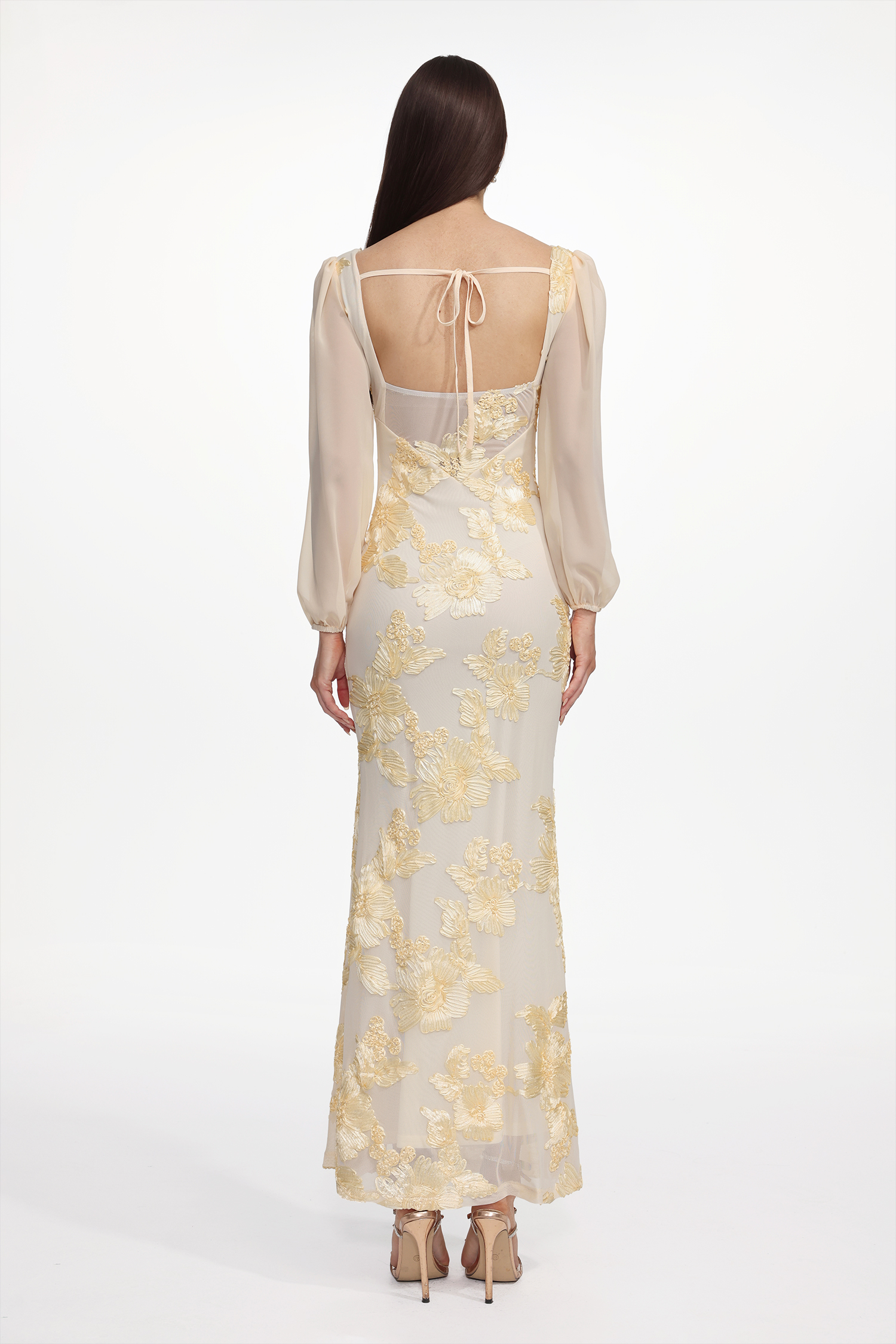 Nikki Romantic Contour Long Sleeve High Slit Floral Knit Maxi Dress