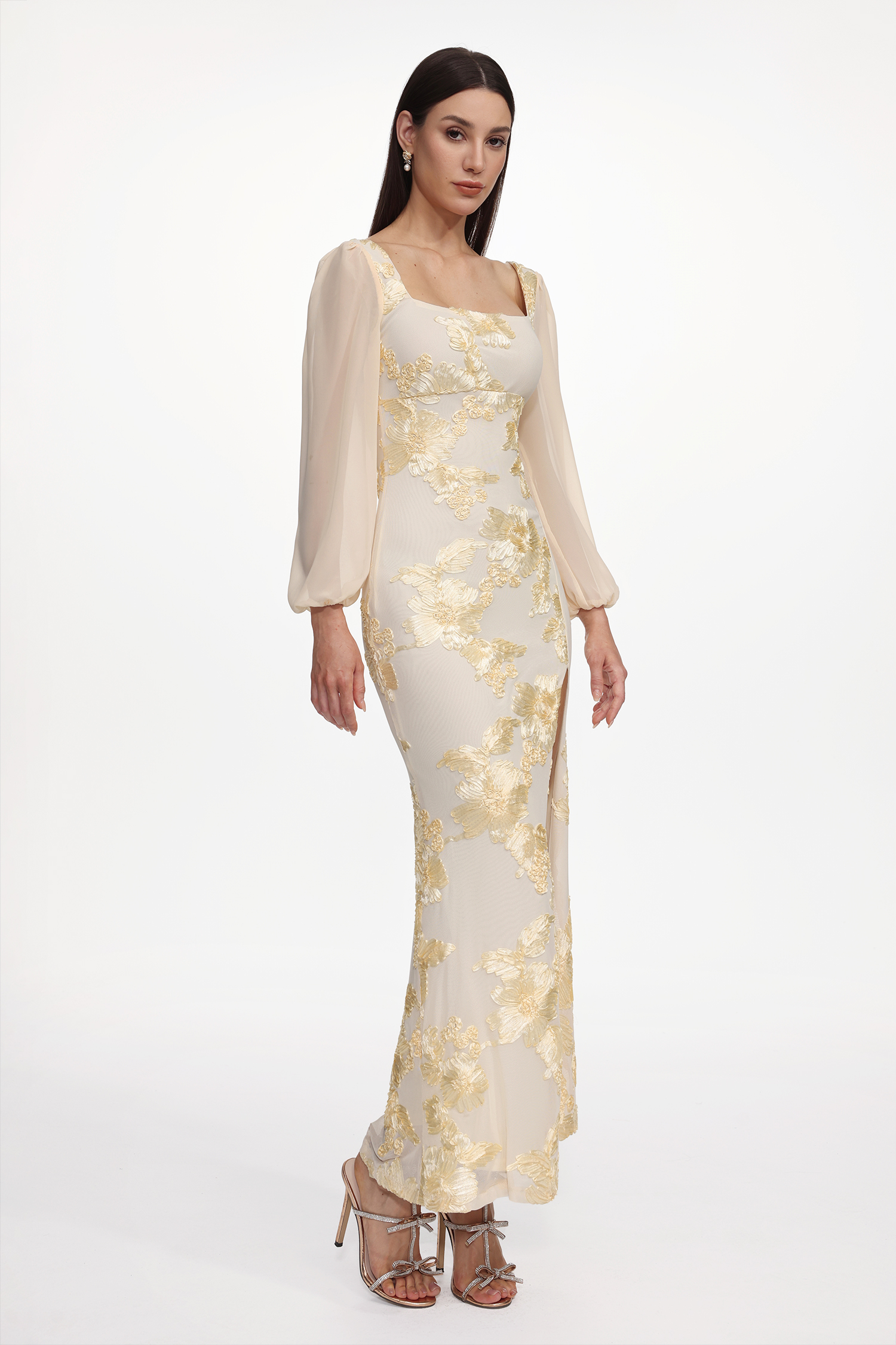 Nikki Romantic Contour Long Sleeve High Slit Floral Knit Maxi Dress
