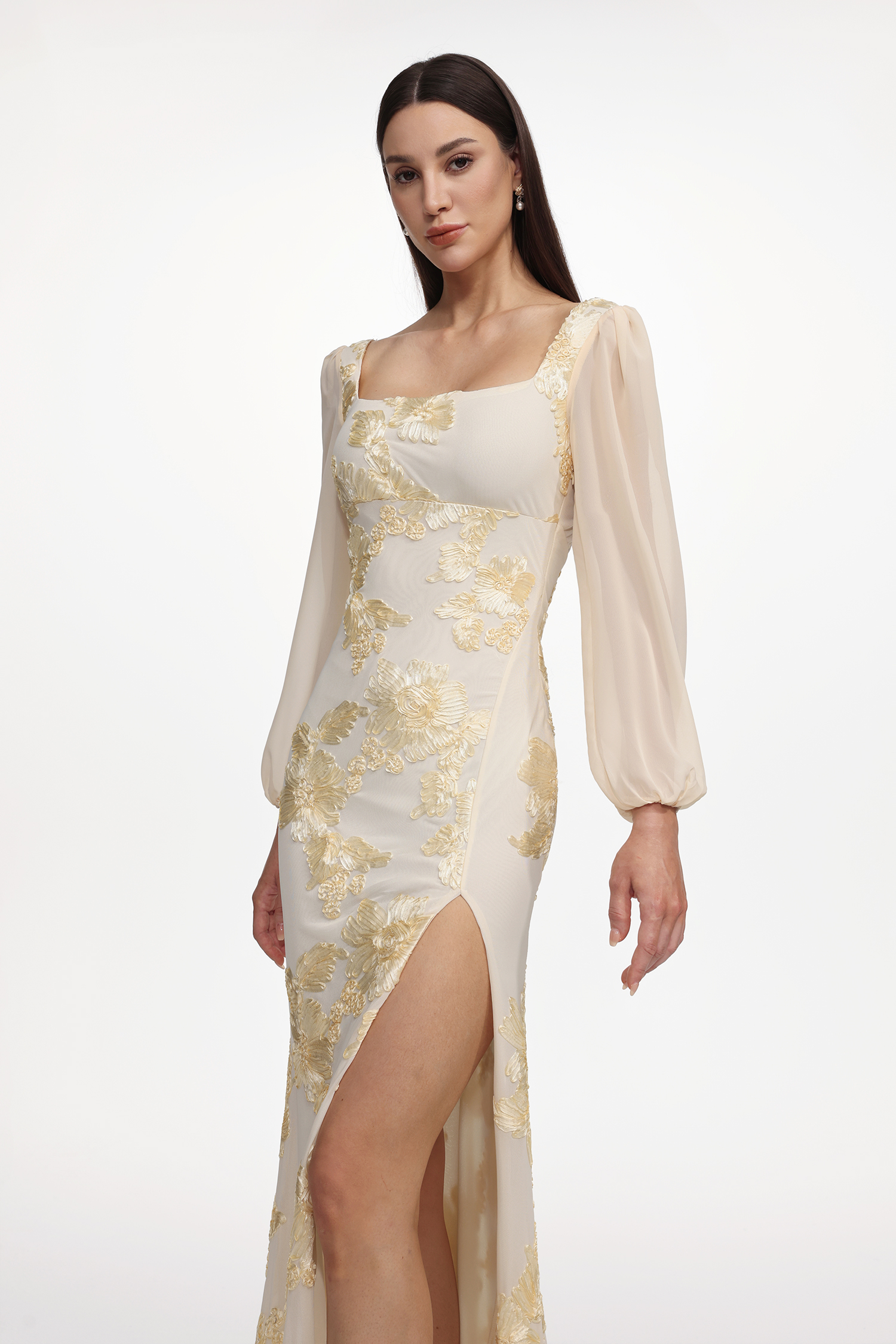 Nikki Romantic Contour Long Sleeve High Slit Floral Knit Maxi Dress