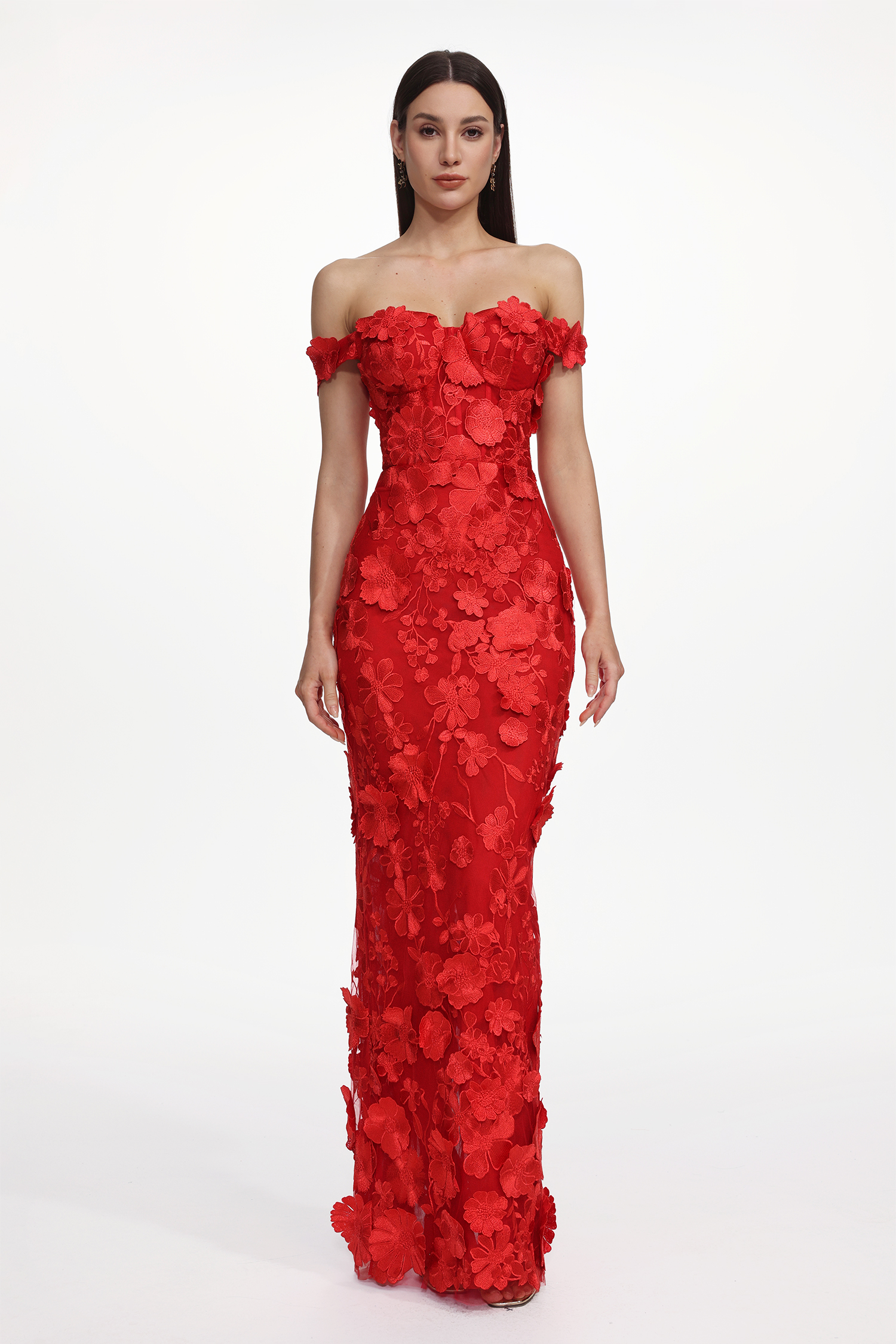 Romantic Tailored Off Shoulder Floral Embroidered Maxi Dress