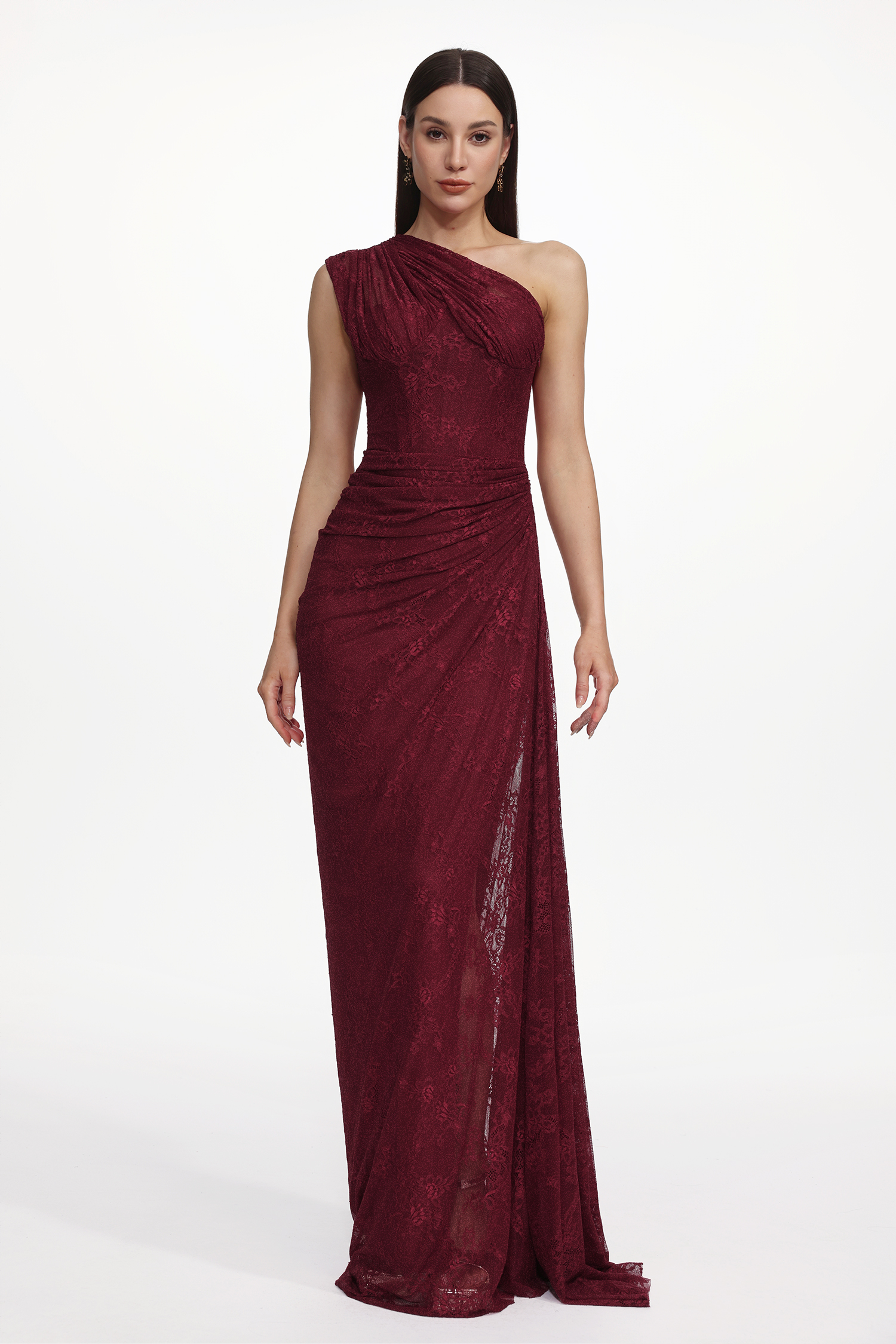 Finch Romantic Contour Sleeveless Ruched Lace Knit Maxi Dress