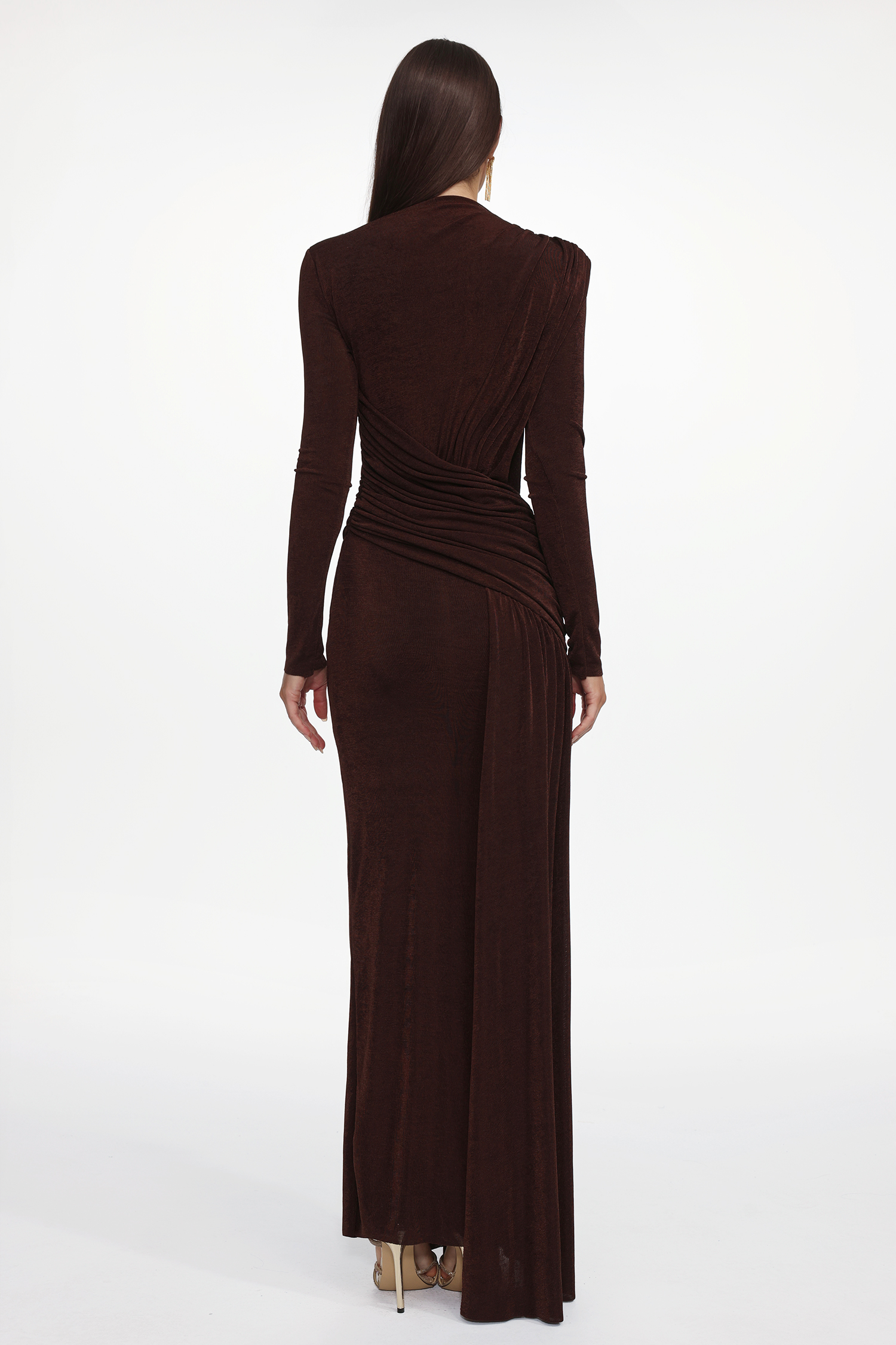 Maggie Elegant Contour Long Sleeve Ruched Knit Maxi Dress