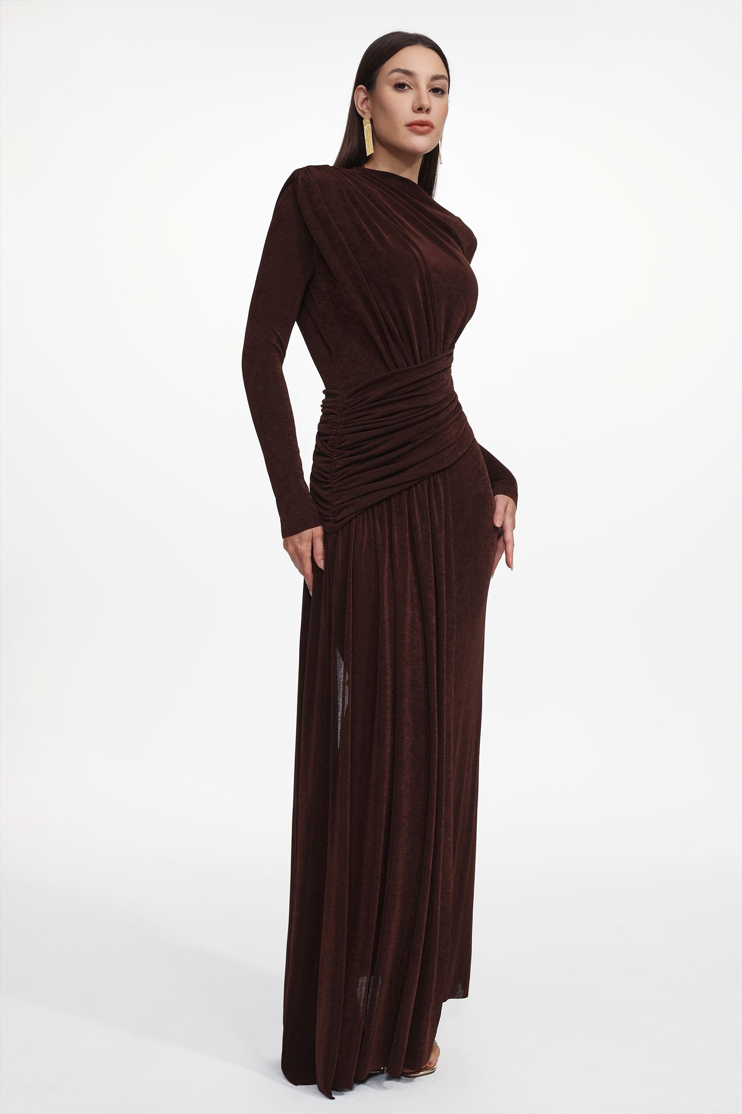 Maggie Elegant Contour Long Sleeve Ruched Knit Maxi Dress