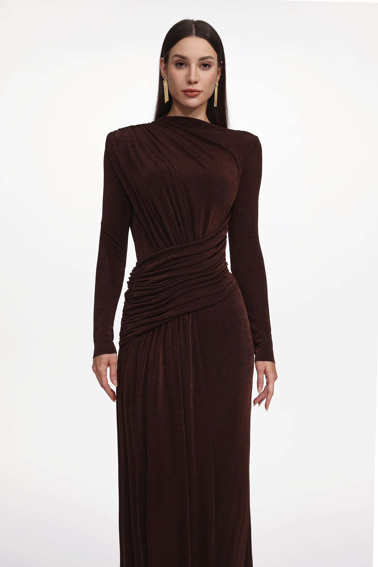 Maggie Elegant Contour Long Sleeve Ruched Knit Maxi Dress
