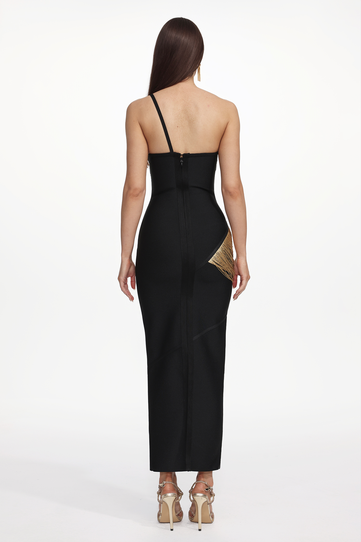 Roanna One Shoulder Sleeveless Golden Tassels Bandage Maxi Dress