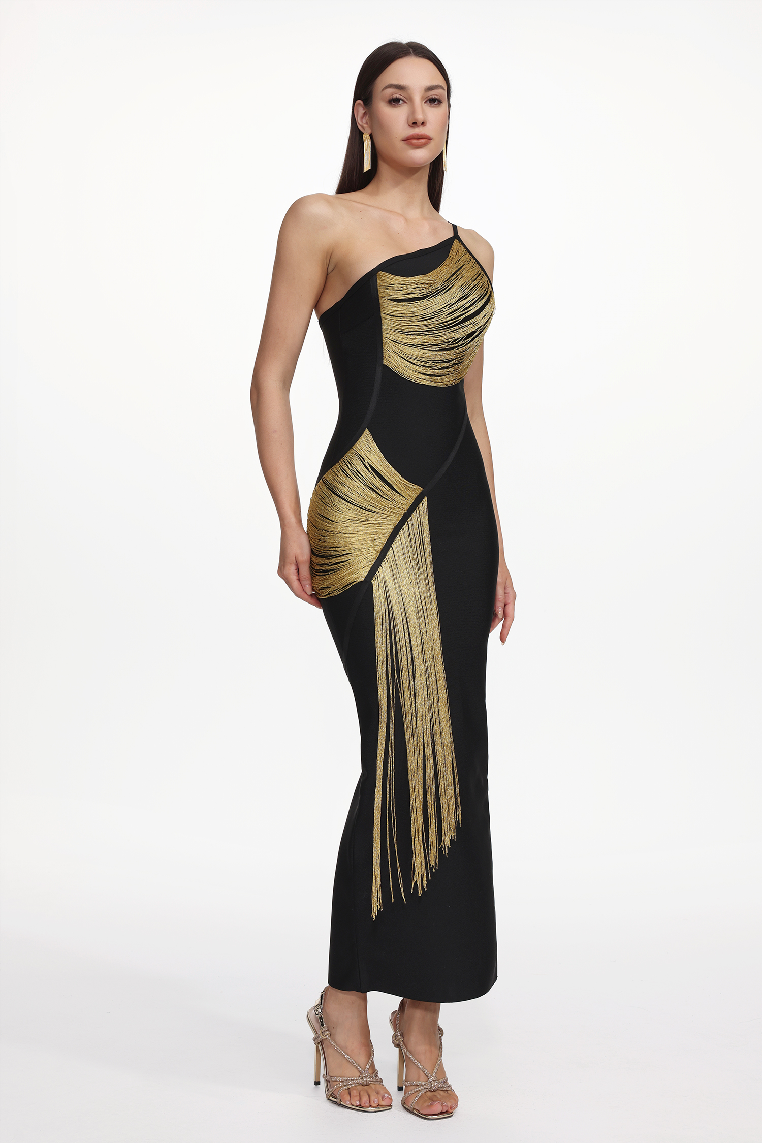 Roanna One Shoulder Sleeveless Golden Tassels Bandage Maxi Dress
