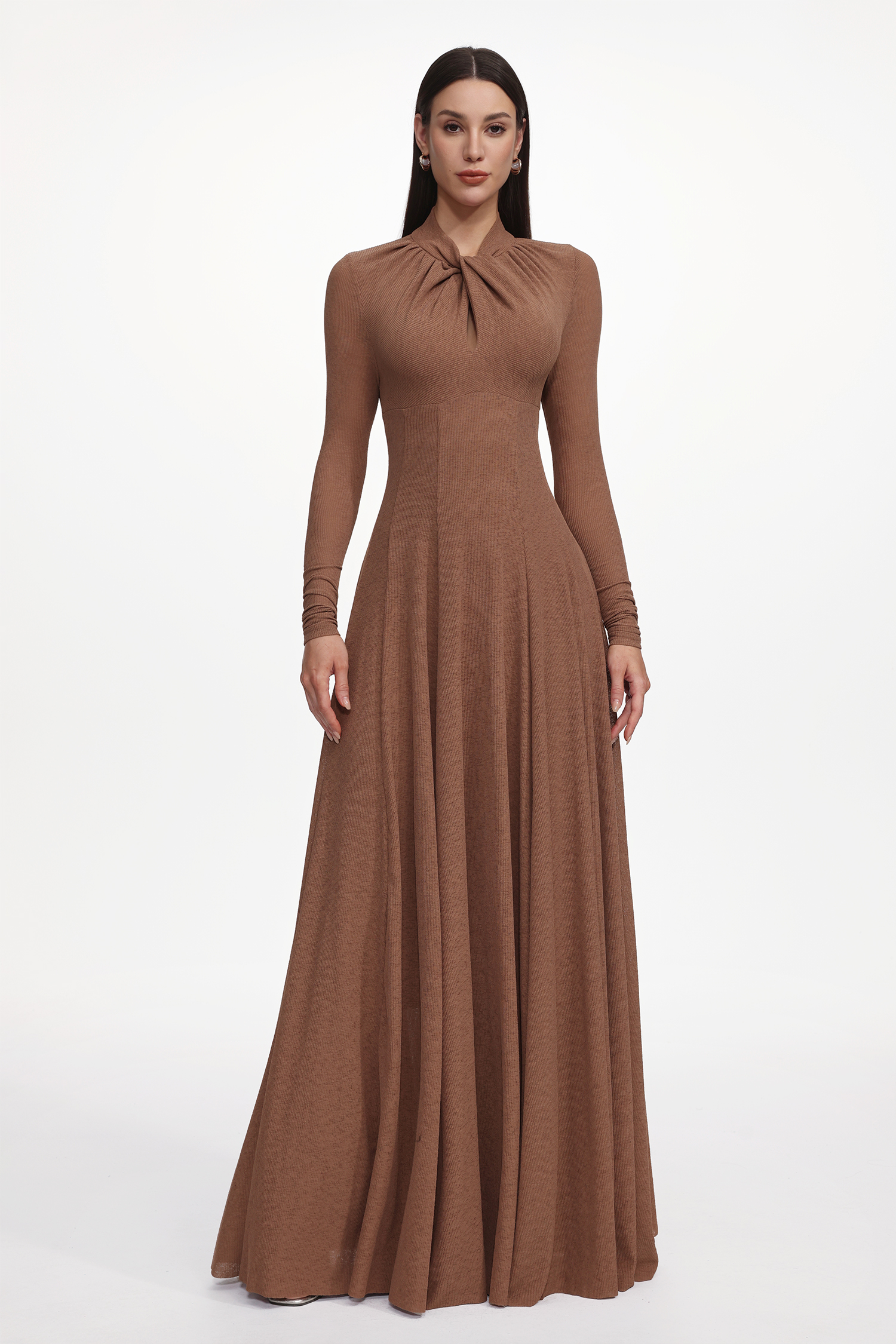 Dekia Elegant Contour Long Sleeve Twist Knit Maxi Dress