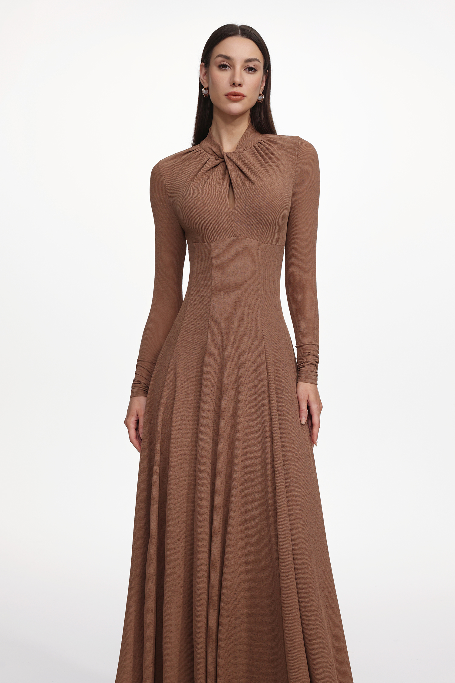 Dekia Elegant Contour Long Sleeve Twist Knit Maxi Dress