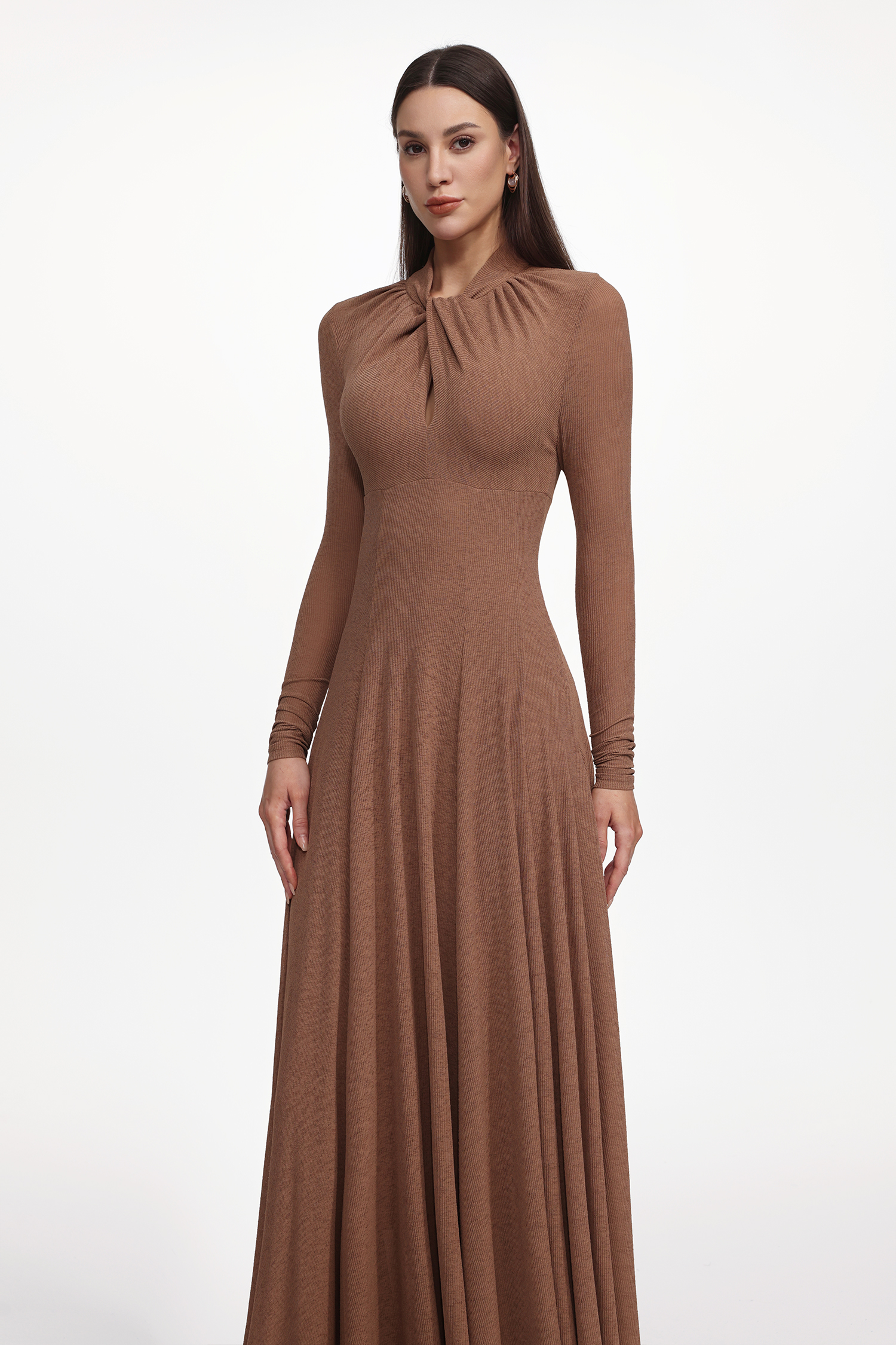 Dekia Elegant Contour Long Sleeve Twist Knit Maxi Dress