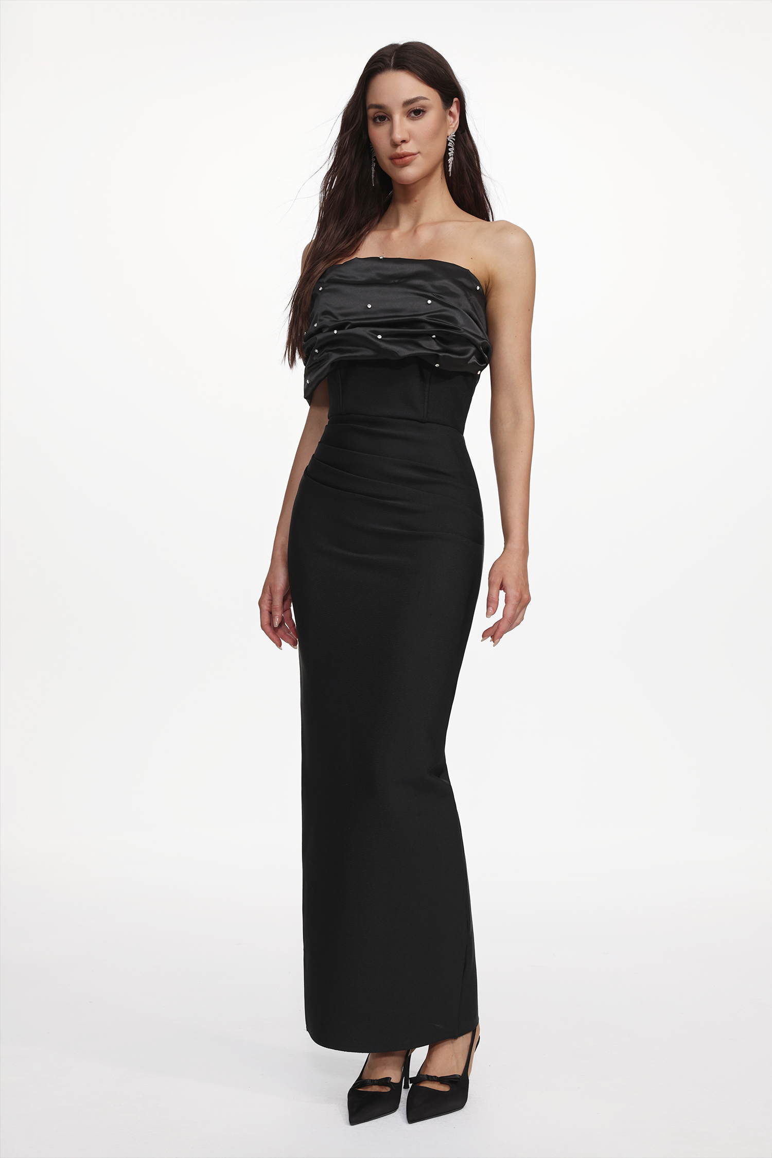 Saha Elegant Contour Off Shoulder Rhinestone Pleated Maxi Dress