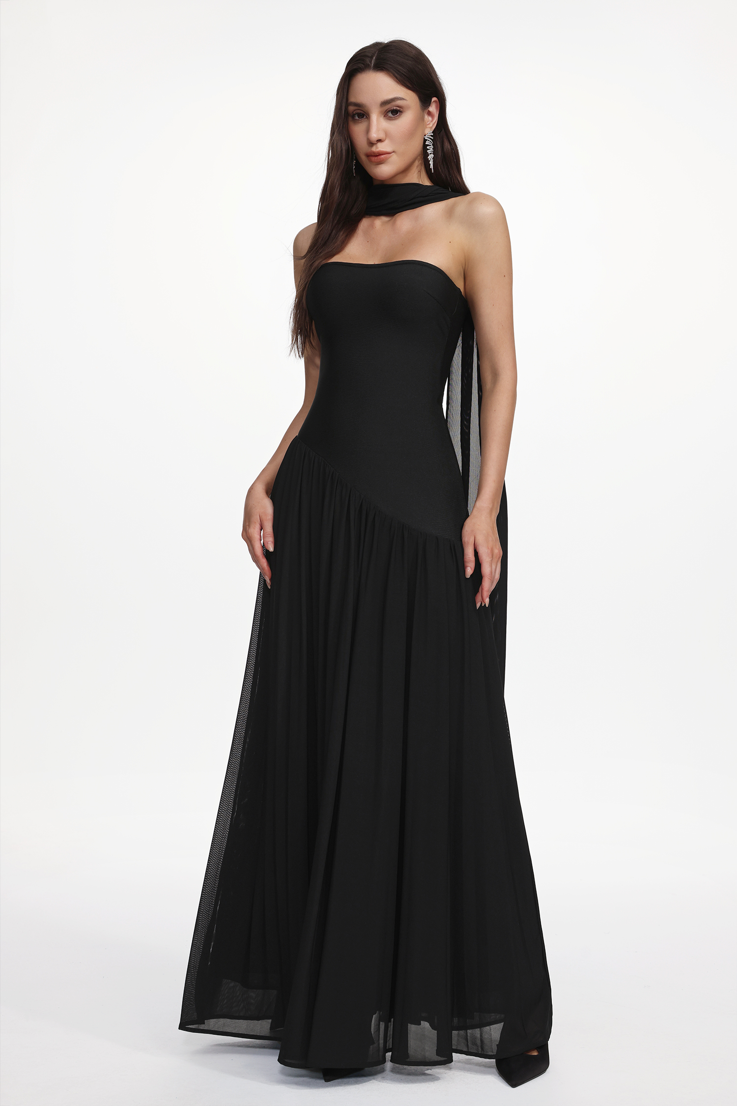 Veva Elegant Contour Strapless Scarf Ruched Bandage Maxi Dress