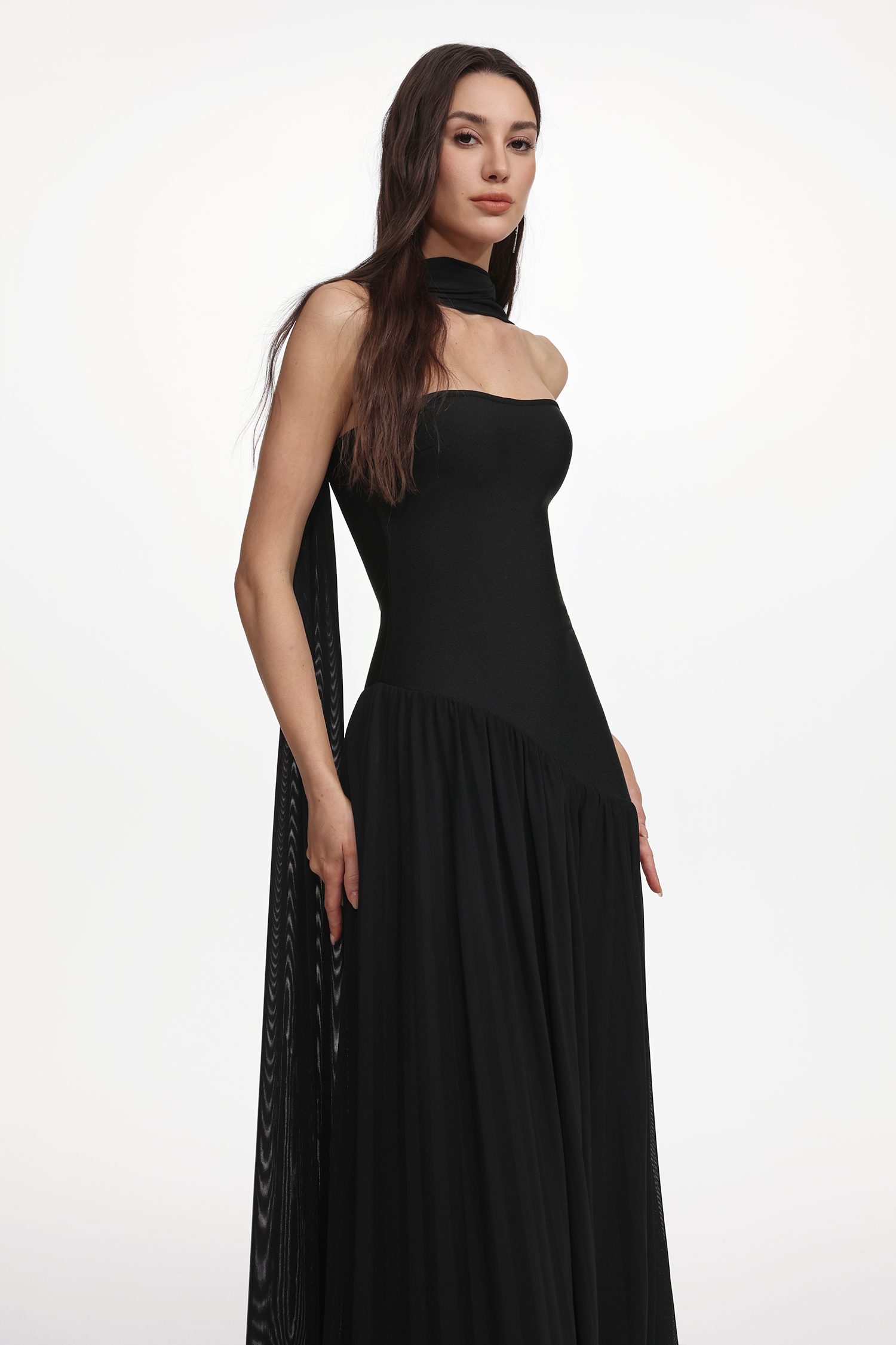 Veva Elegant Contour Strapless Scarf Ruched Bandage Maxi Dress