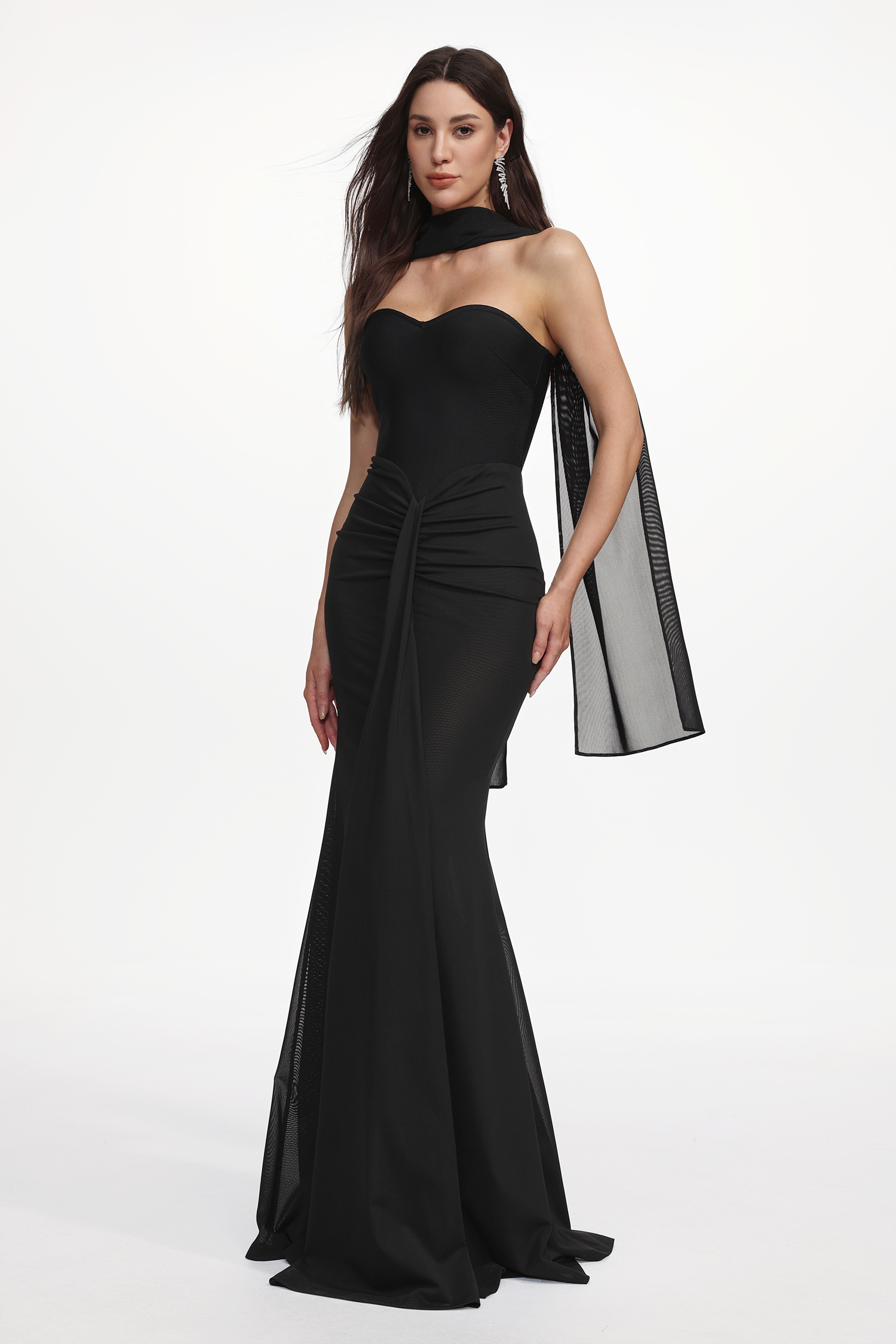 Lucifa Elegant Contour Strapless Scarf Ruched Bandage Maxi Dress