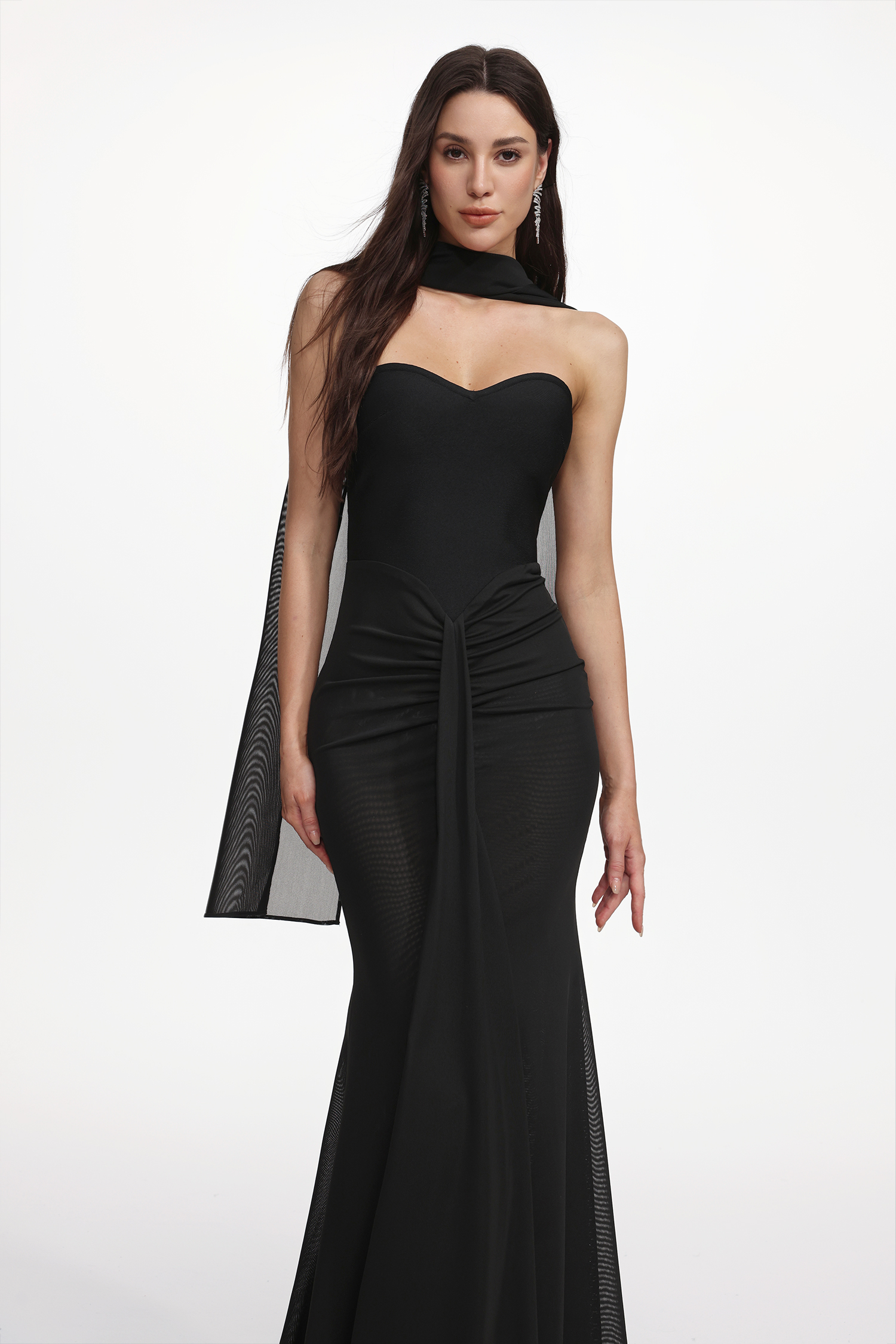 Lucifa Elegant Contour Strapless Scarf Ruched Bandage Maxi Dress