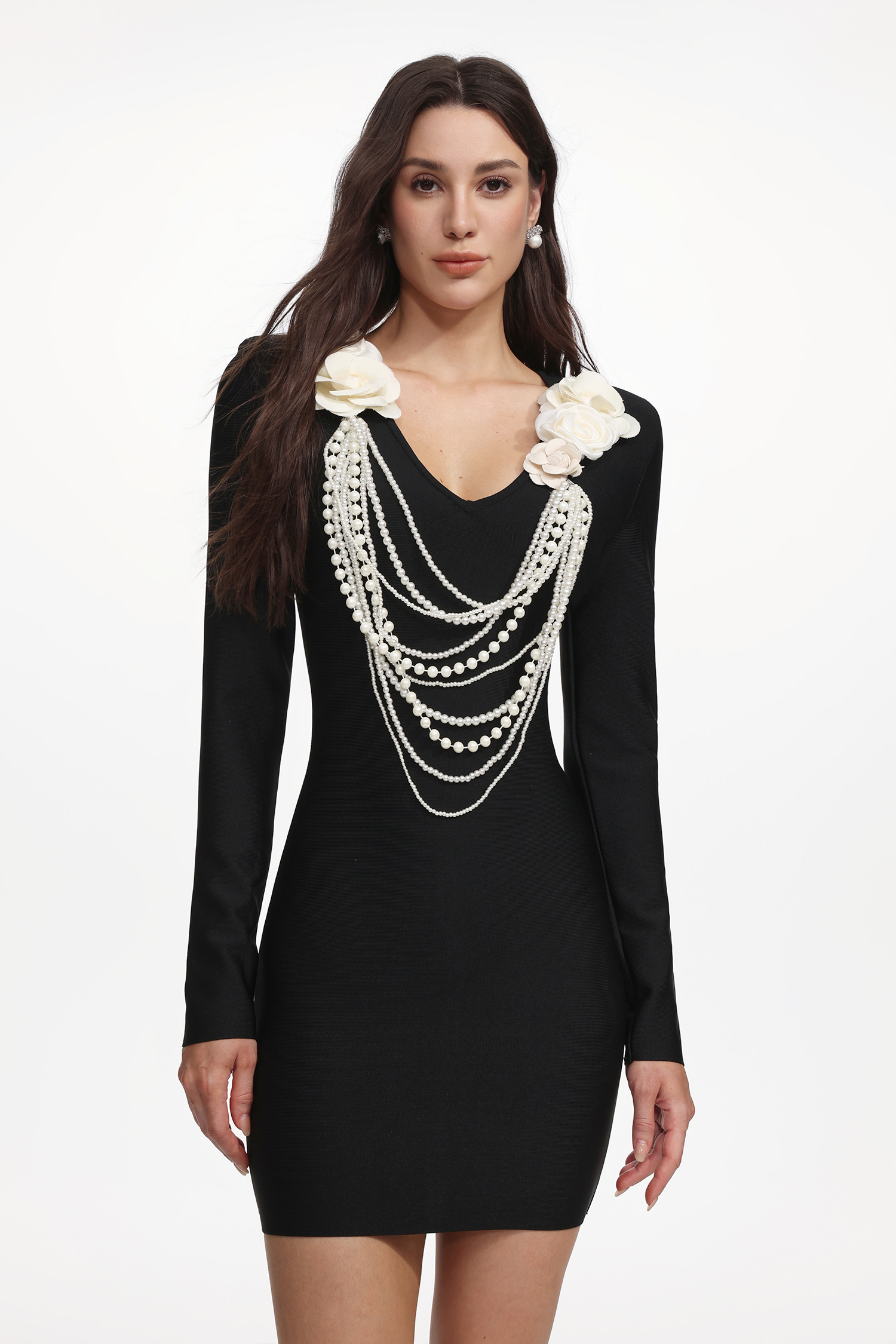Whitley Elegant Contour Long Sleeve Pearl Chain Floral Bandage Mini Dress