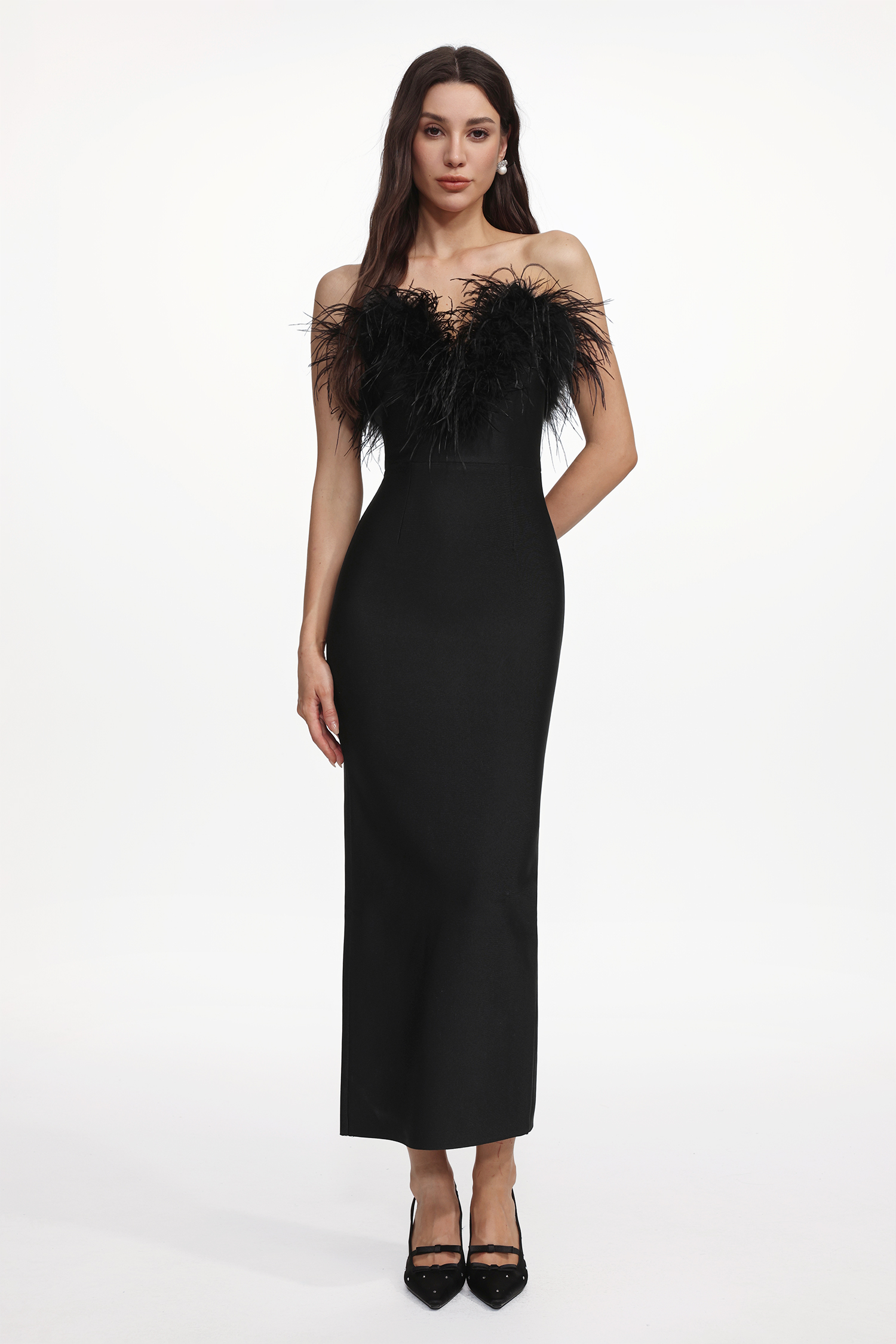 Krome Glamorous Contour Strapless Feather Bandage Maxi Dress