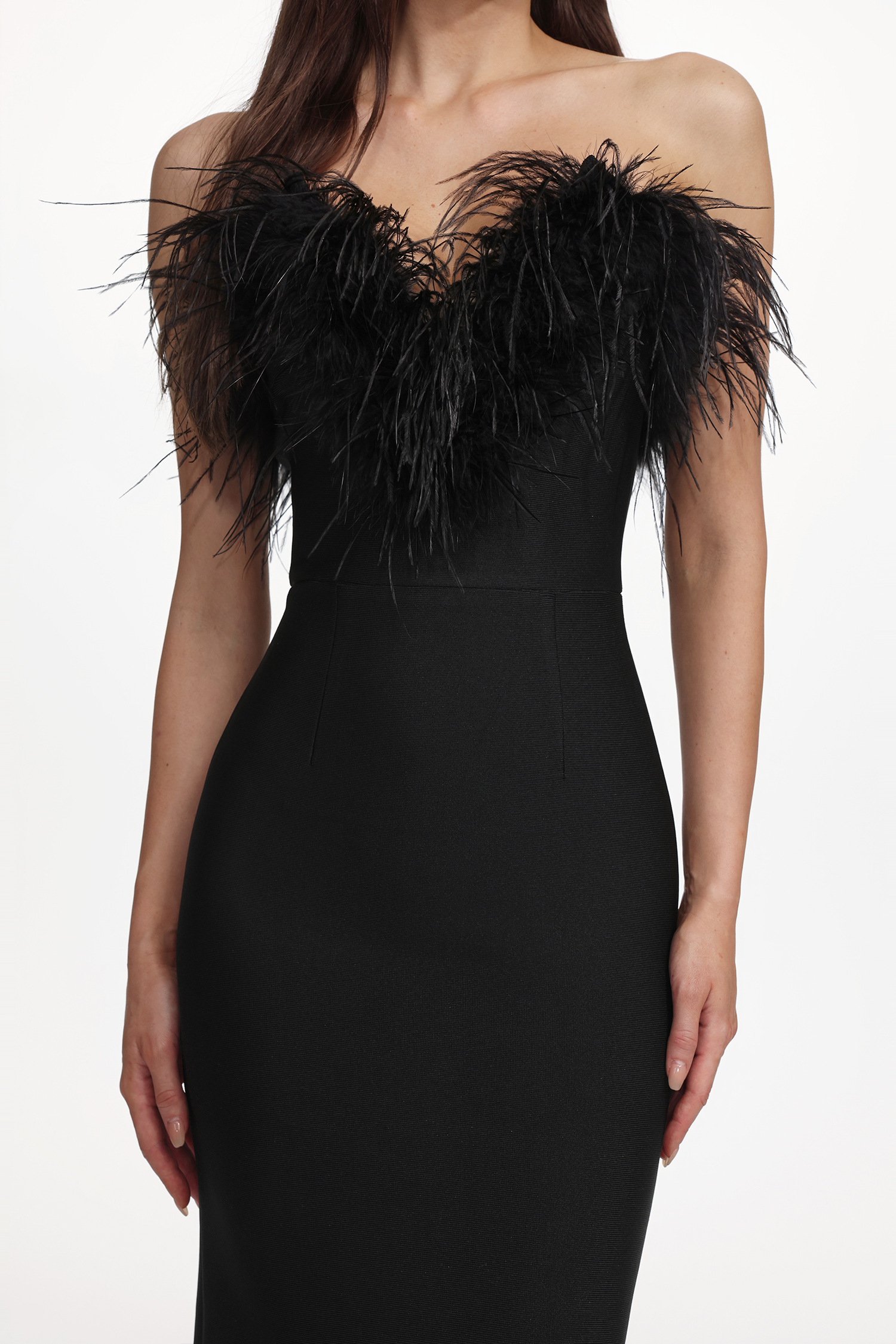 Krome Glamorous Contour Strapless Feather Bandage Maxi Dress