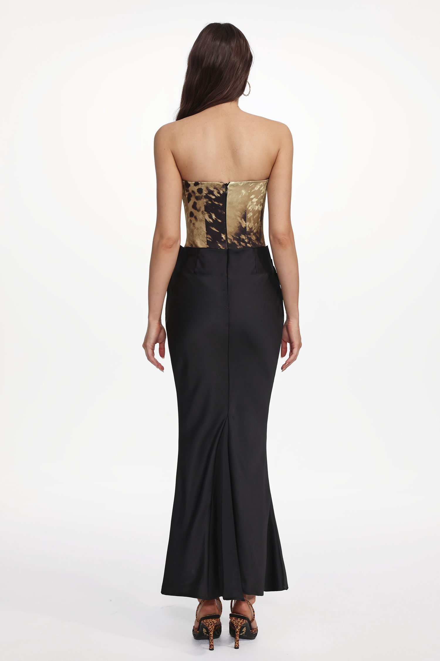 Vanya Chic Contour Strapless Pleated Abstract Print Satin Maxi Dress