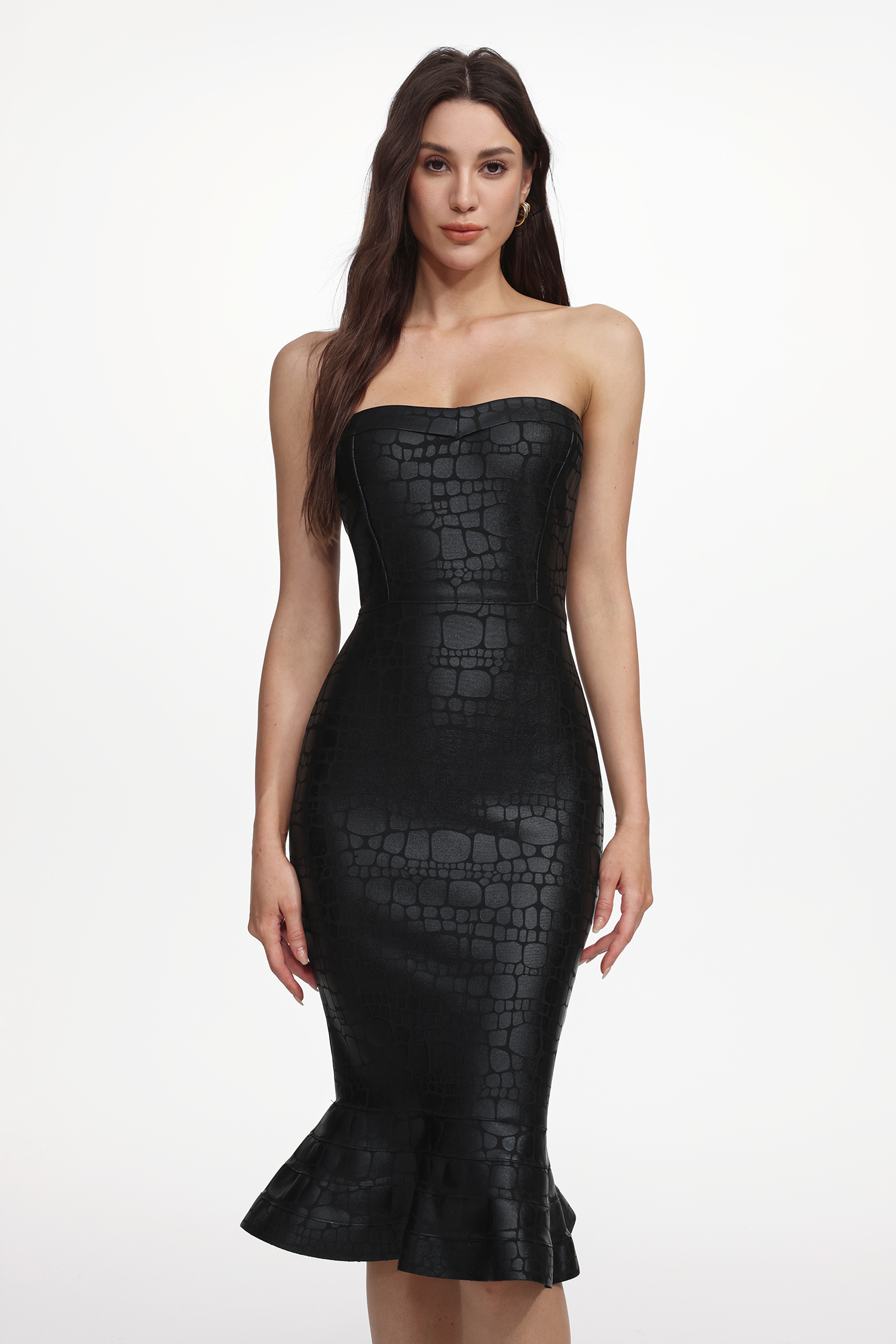 Rosee Chic Contour Strapless Snake Skin Print Bandage Midi Dress