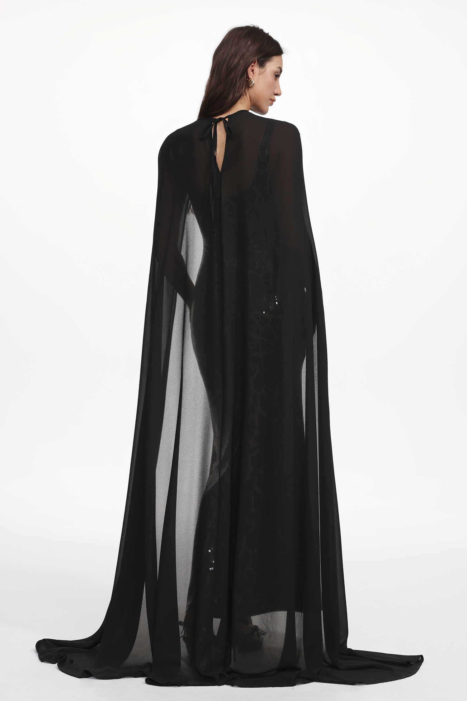 Rami Chic Contour Sleeveless Sheer Cape Leopard Print Sequin Maxi Dress