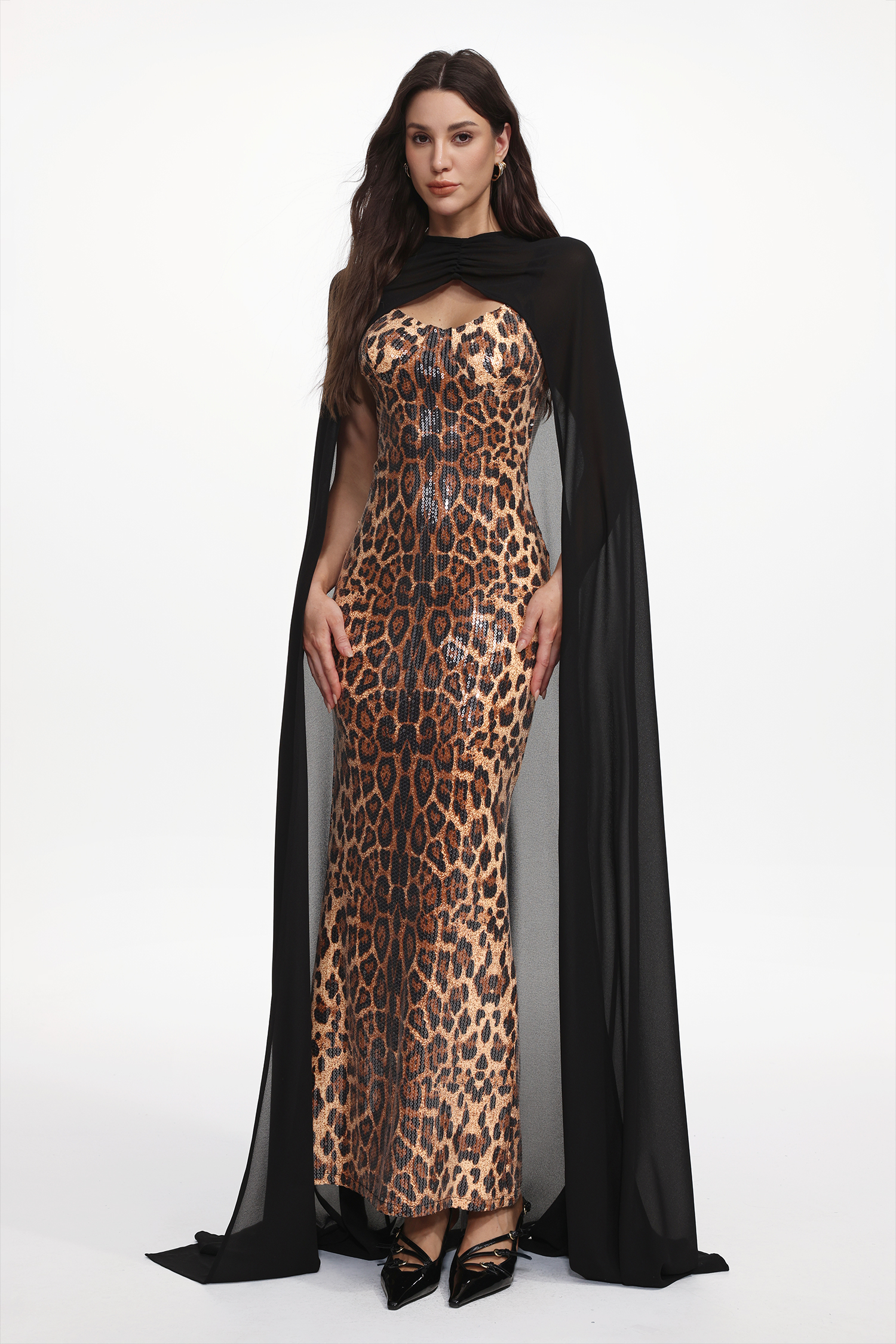 Rami Chic Contour Sleeveless Sheer Cape Leopard Print Sequin Maxi Dress