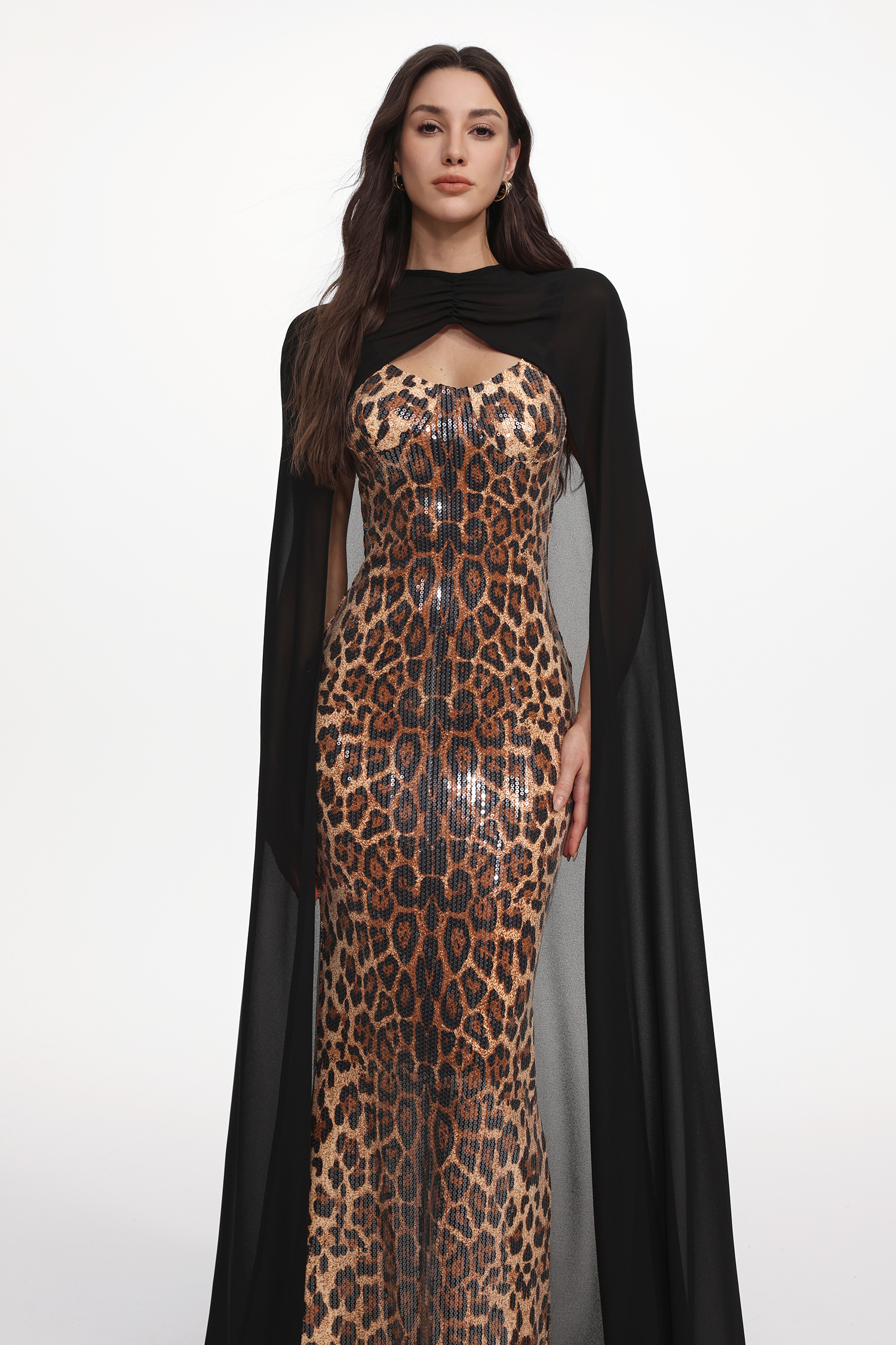 Rami Chic Contour Sleeveless Sheer Cape Leopard Print Sequin Maxi Dress