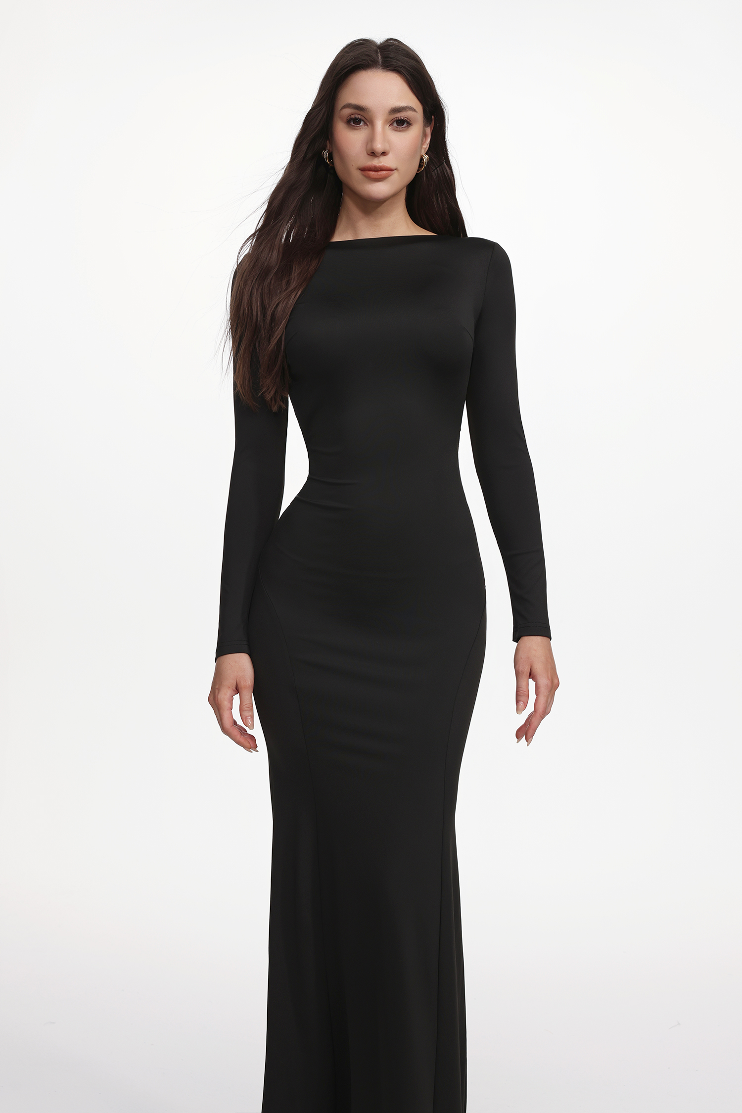 Hainsley Sexy Tailored Long Sleeve Open Back Buckled Woven Maxi Dress