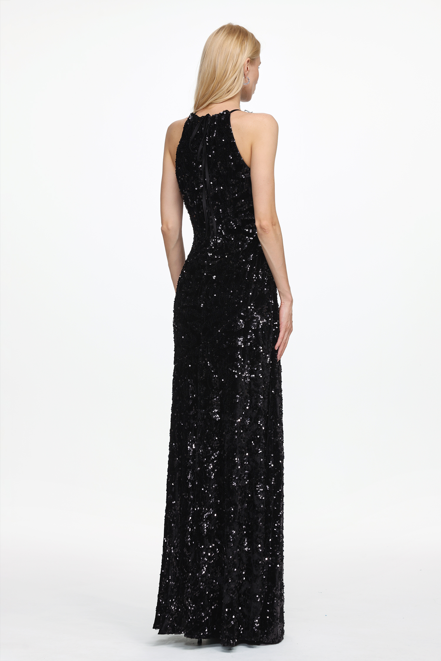 Glamorous Contour Sleeveless Feather Sequin High Slit Velvet Maxi Dress