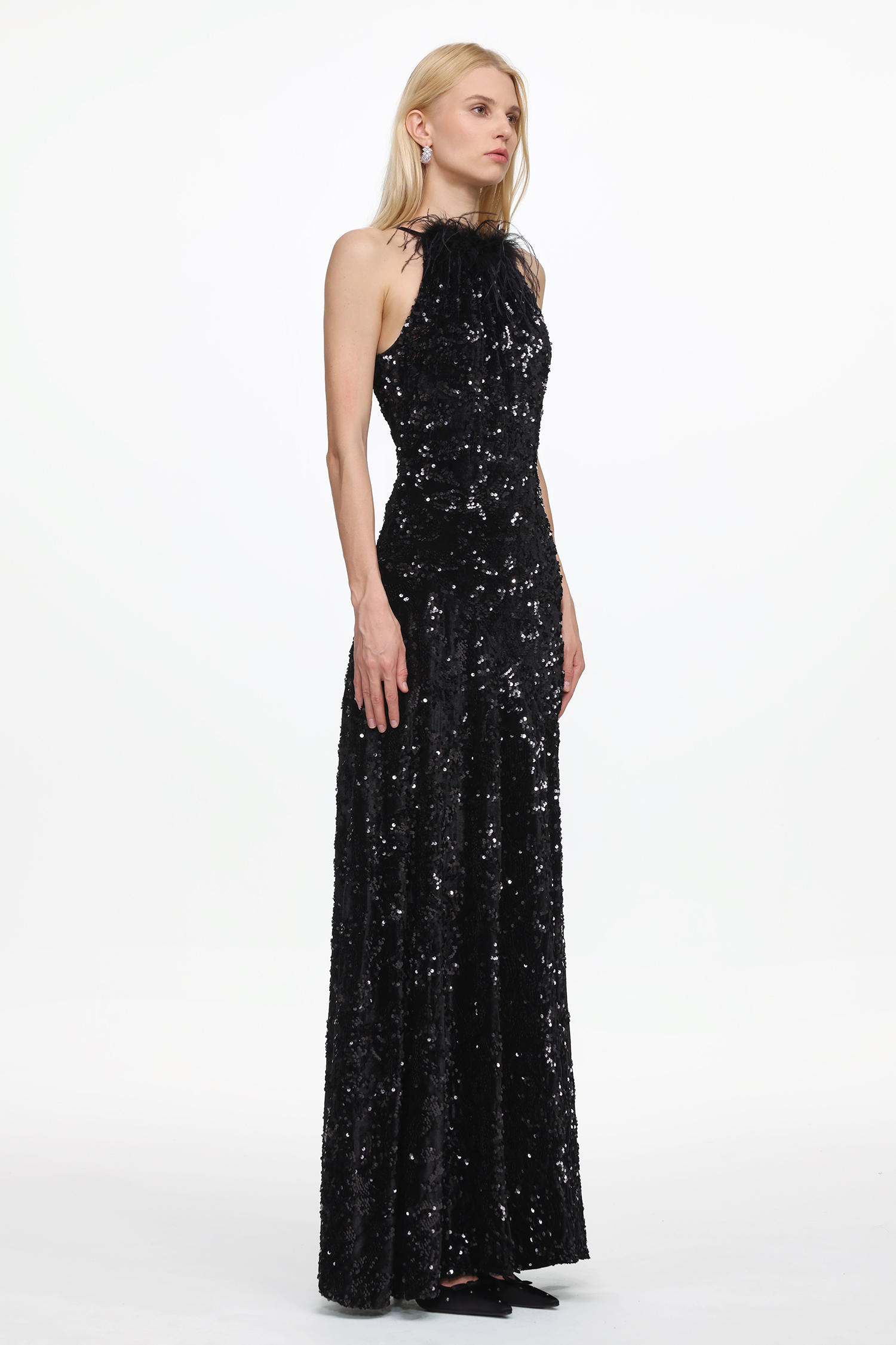 Glamorous Contour Sleeveless Feather Sequin High Slit Velvet Maxi Dress
