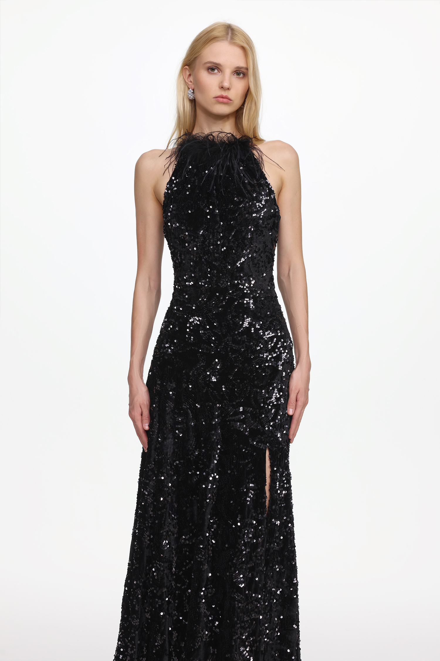 Glamorous Contour Sleeveless Feather Sequin High Slit Velvet Maxi Dress