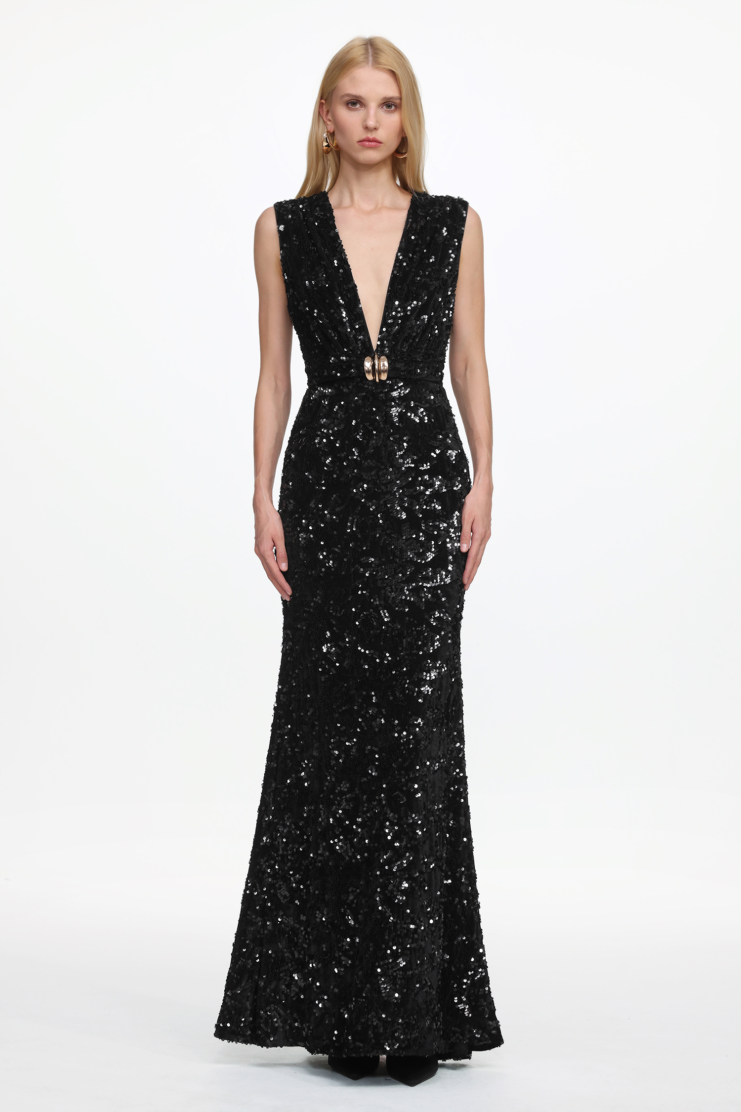 Chic Contour Sleeveless Deep V Metal Buckle Sequin Velvet Maxi Dress